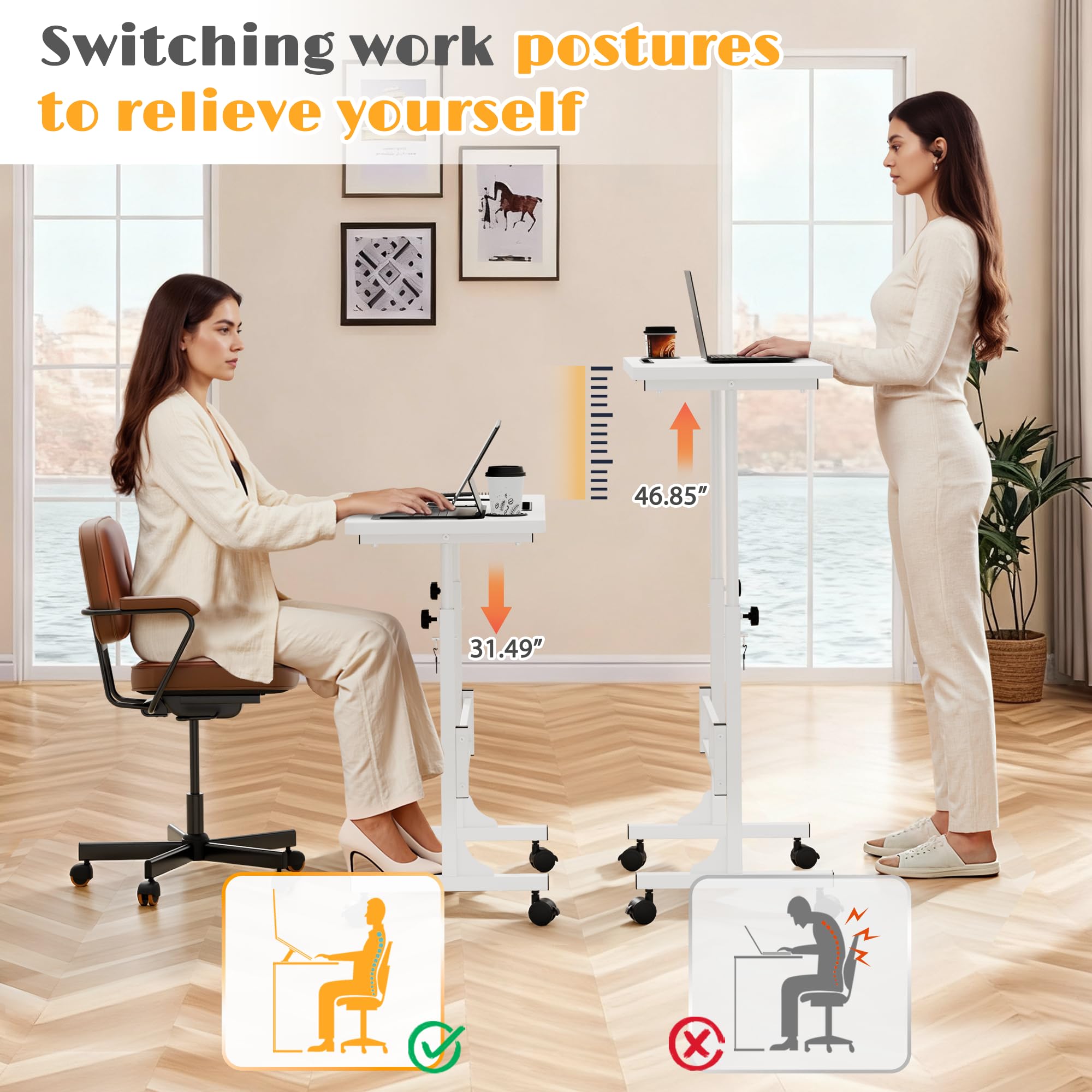 Furmax Small Portable Standing Desk Adjustable Height Mobile Stand Laptop Computer Workstation with Lockable Wheels for Walking Pad — view 5