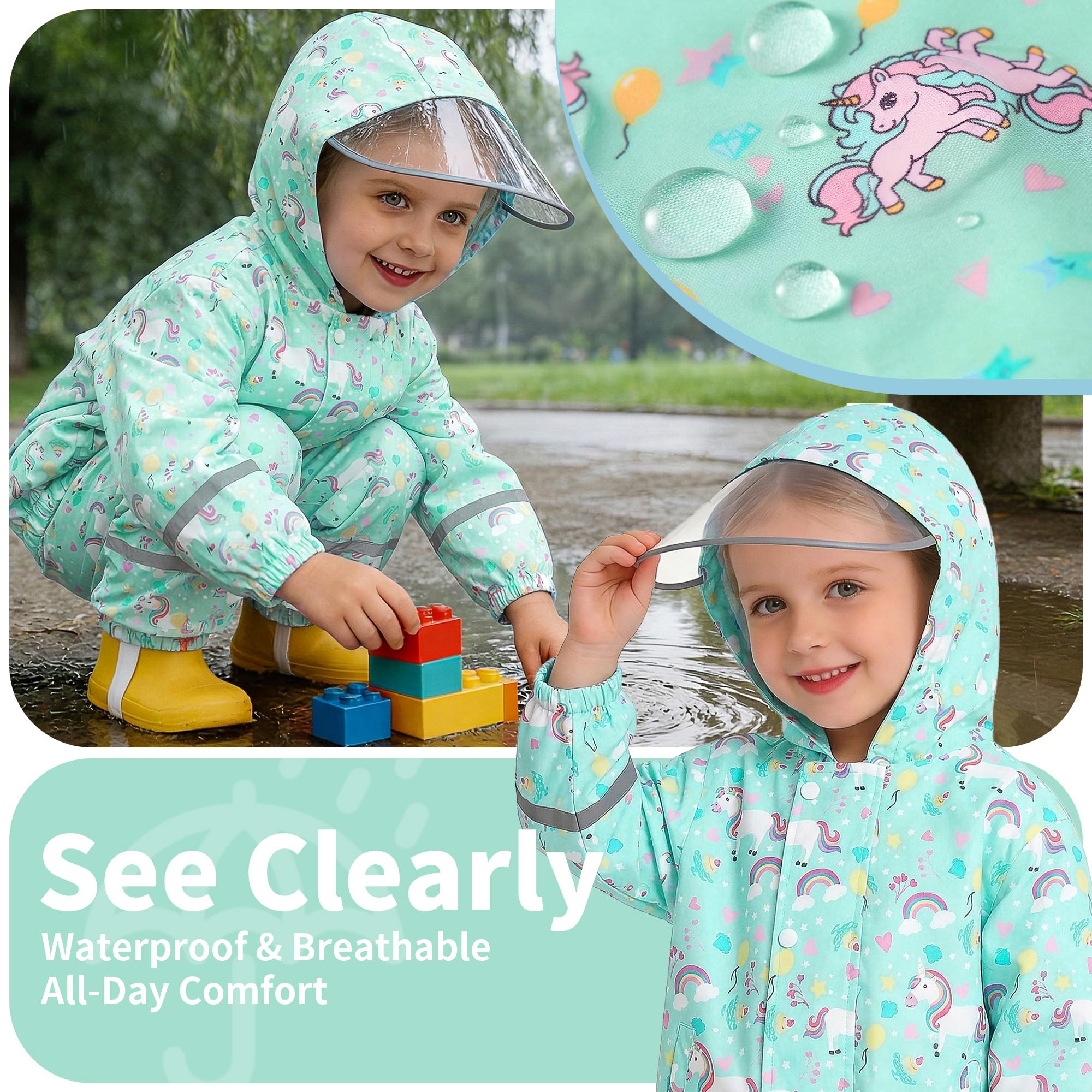 JinBei Imperméable Enfants Respirant Combinaison de Pluie Garçon Fille Léger Ensemble Pluie à Réfléchissant Pantalon et Veste à Capuche Pliante Costume Imperméables 2 Pièces 1-7 Ans
