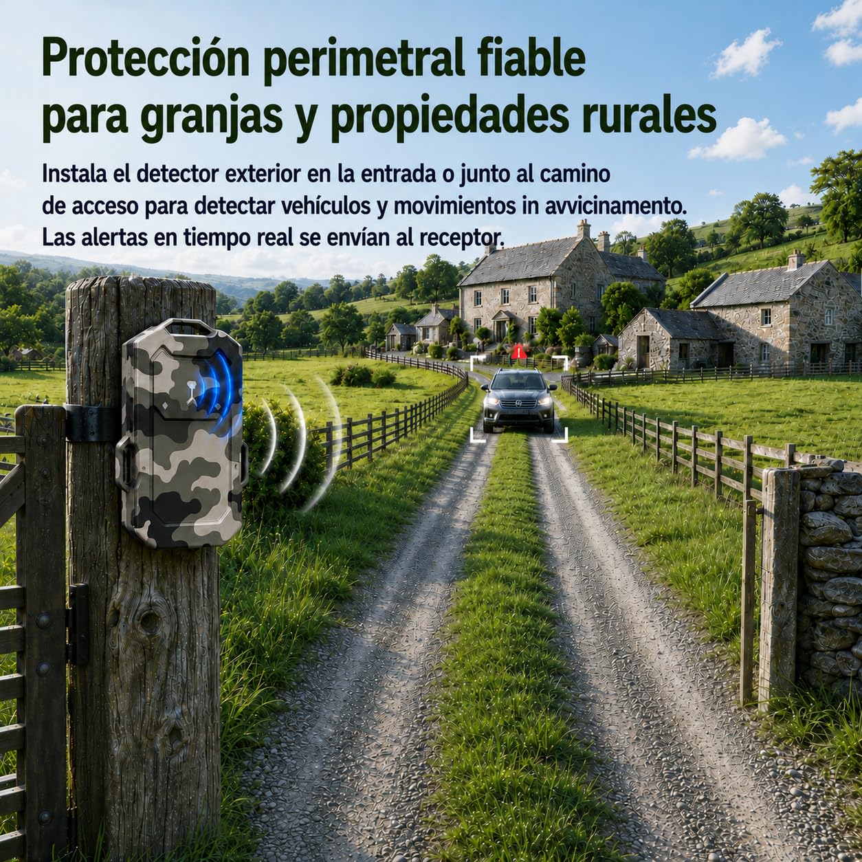 LETWESAF Sensor Radar para Alarma perimetral Camping, Camuflaje | Radar de 24 GHz detecta movimiento; alcance inalámbrico de 800 m, recargable e IP66 – para camping, autocaravana y propiedad.