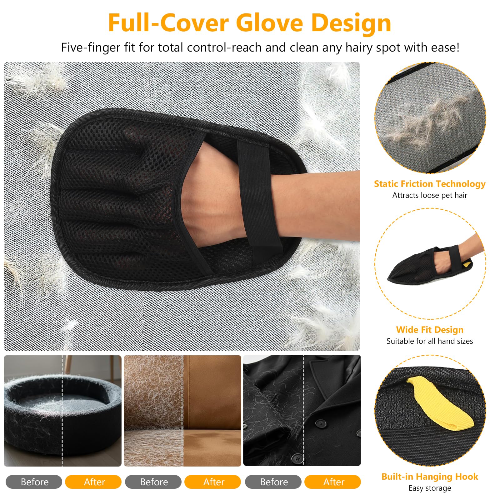Lot de 3 gants d'épilation électrostatiques pour poils de chien, gants d'épilation des poils d'animaux, gants de toilettage double face, gants magnétiques pour chat