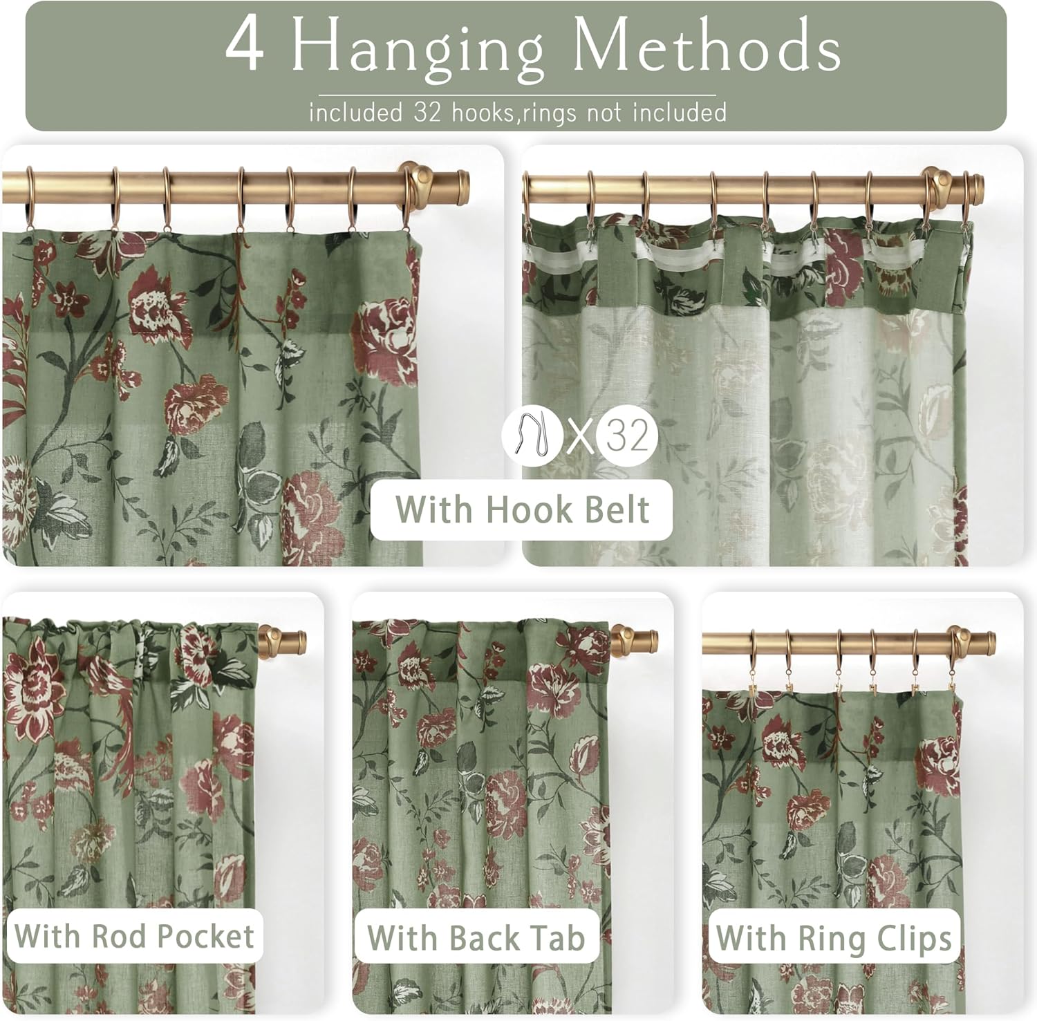 LIMON HOME Sage Curtains 63 inch Length for Living Room Sage Green Floral Curtain 2 Panels Set for Ding Room Semi Sheer Drapes Rod Pocket Light Filtering Window 52" W x 63" L