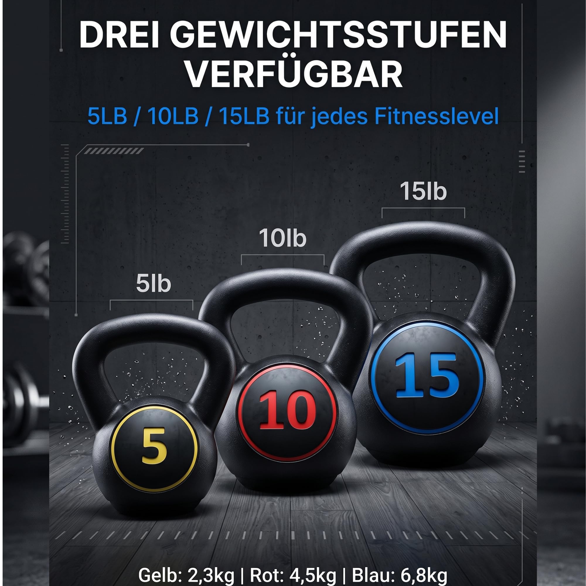 Kettlebell-Set 3-teilig 5 lb/10 lb/15 lb (2.27 kg/4.54 kg/6.8 kg), Neopren Kugelhantel mit flachem Boden & Aufbewahrungsständer, rutschfest & bodenschonend für Home Gym & Krafttraining, Schwarz
