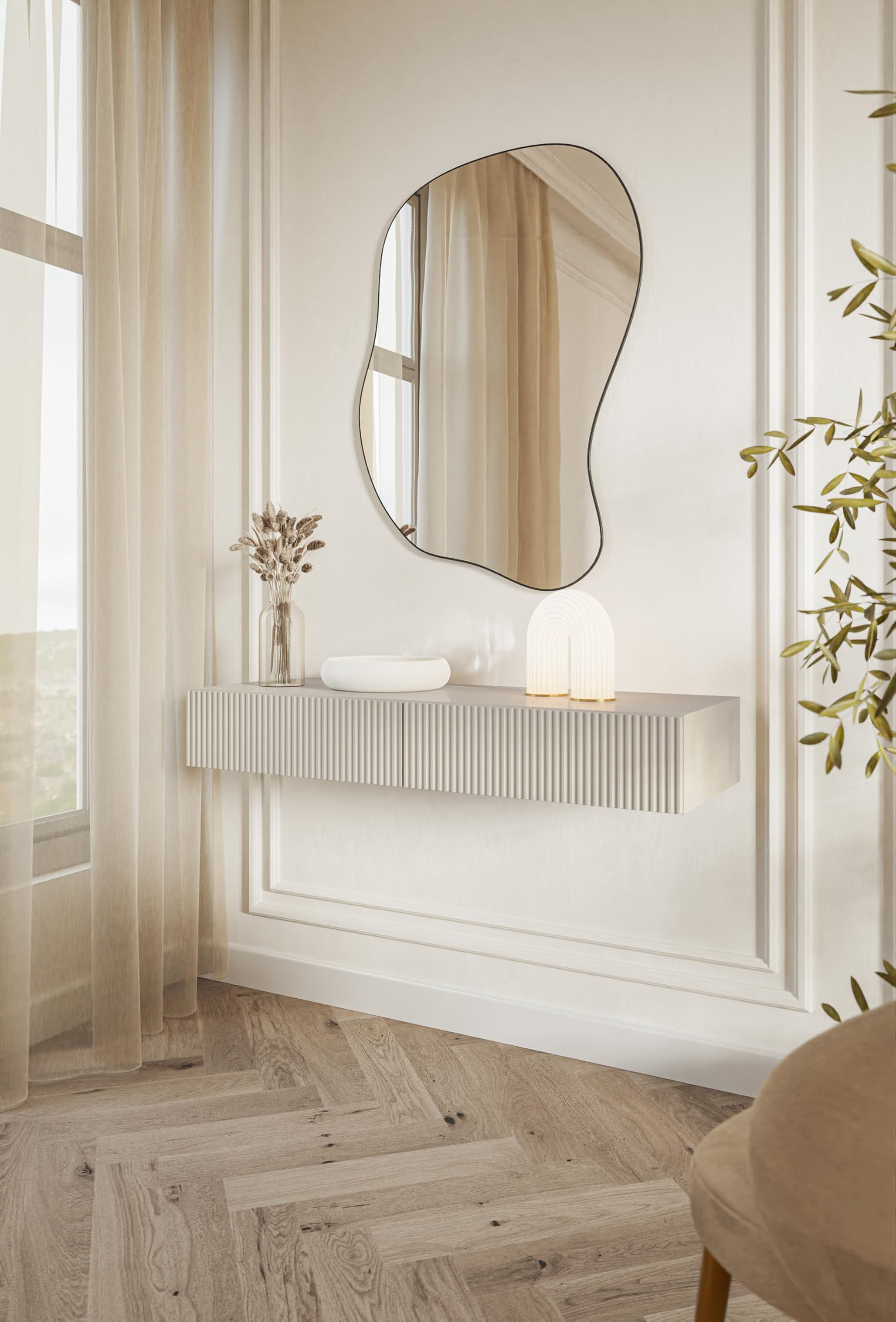 Selsey Kaptafel Veldio 110 cm zwart met gouden metalen poten, frezen lamellenfront, push-to-open lade, moderne vanity desk zonder spiegel, minimalistisch design, geproduceerd in Europa Selsey Kaptafel Veldio 110 cm zwart met gouden metalen poten, frezen lamellenfront, push-to-open lade, moderne vanity desk zonder spiegel, minimalistisch design, geproduceerd in Europa