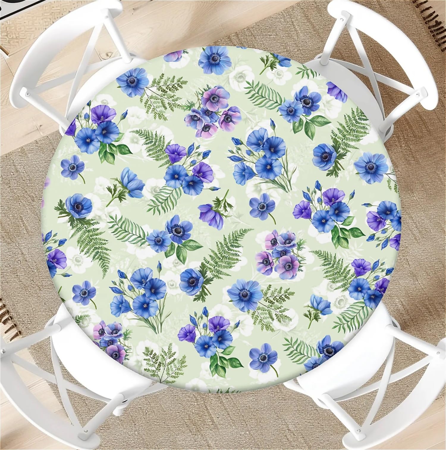 Round Tablecloth with Elastic Edge 44 Inch Waterproof Outdoor Fitted Table Cover for Dining, Kitchen, Party –Anemones Decorative Patterned Table Protector
