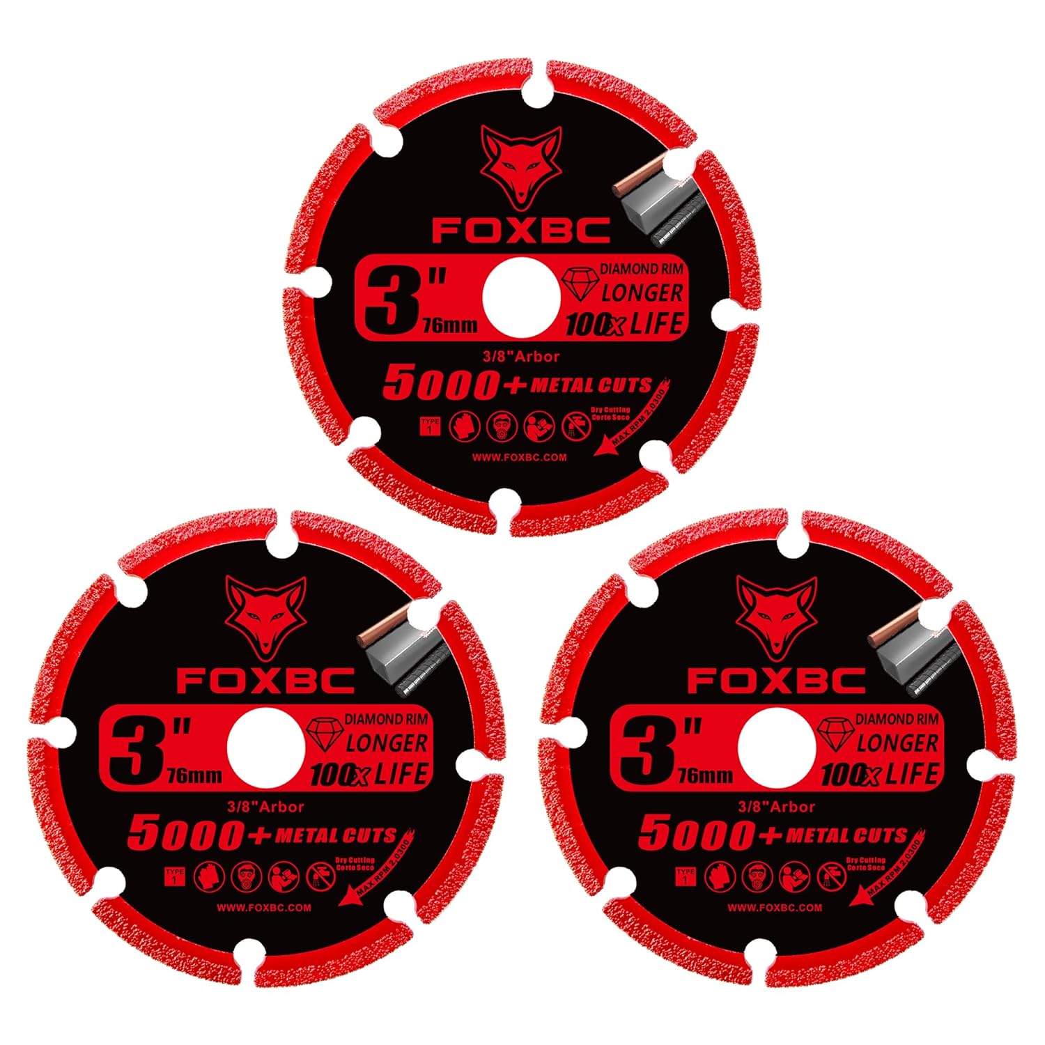 FOXBC 3 Inch Diamond Cut Off Wheel with 5000+ Metal Cutting on Rebar, Stainless Steel, Angle Iron, 3/8" Arbor - 3 Pack