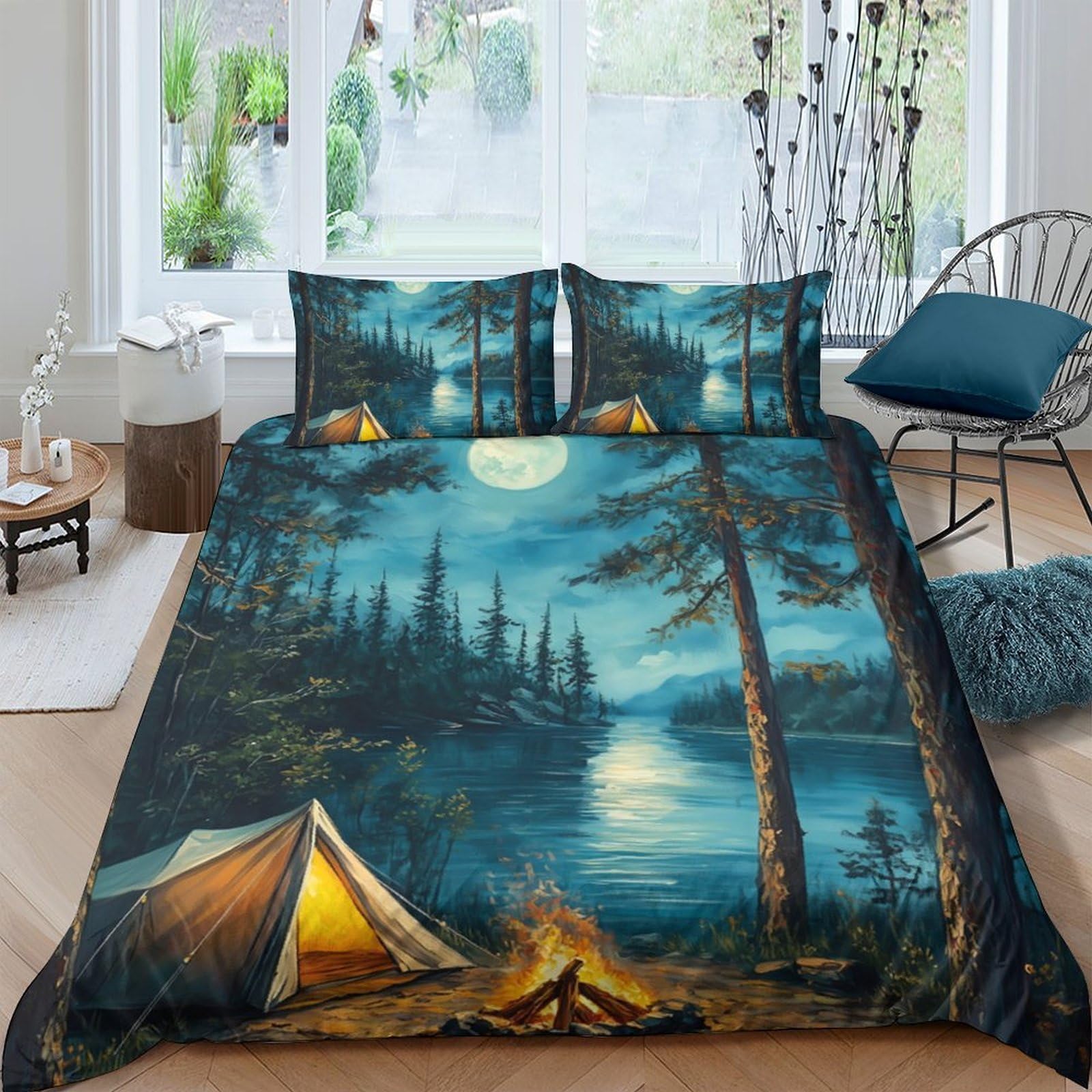 GPLZQXKJNH 3D Printed Forest Lake Night Duvet Cover Microfiber Soft Breathable Camping Tent Bedding Set with 2 Pillowcases for Bedroom Decor Single（135x200cm）