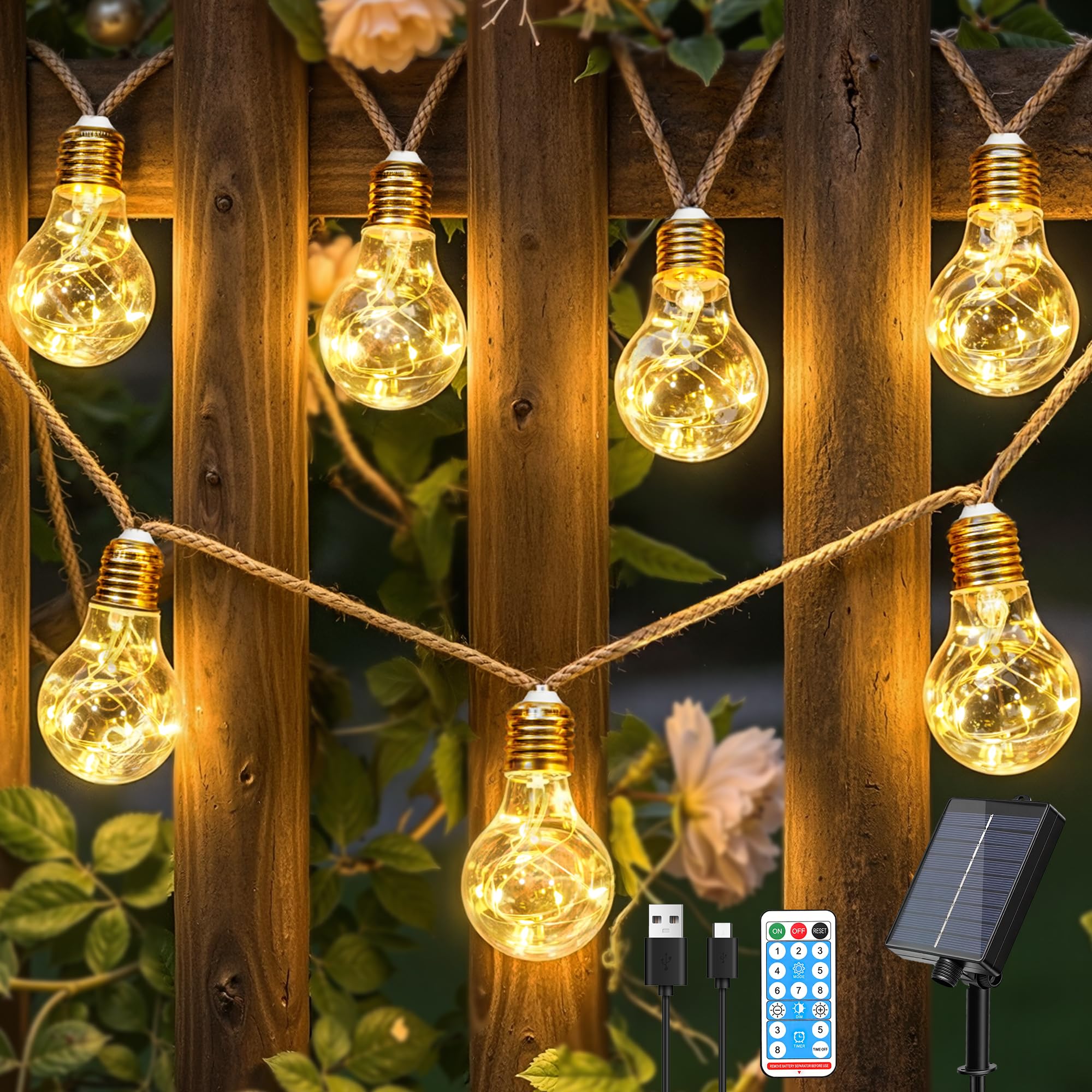 Ollny Solar Lichterkette Aussen 8/12m Lichterketten Außen Wetterfest Warmweiß，mit 8 Modi, Timer & Dimmbar, Solarlichterketten mit Hanfseil für Garten, Party, Balkon, Hof, Hochzeit