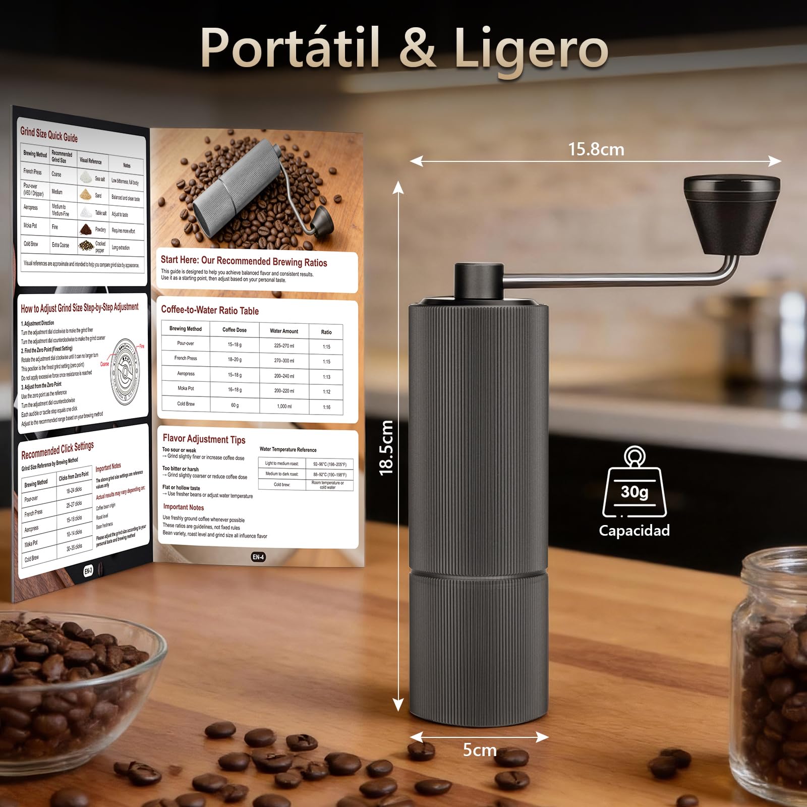 Molinillo de Café Manual, Portátil Molinillo Cafe Manual con Muela Cónica de Acero Inoxidable, 30 Niveles Ajustables & Capacidad de 30g para Espresso, Moka, French Press, Pour Over, Aeropress