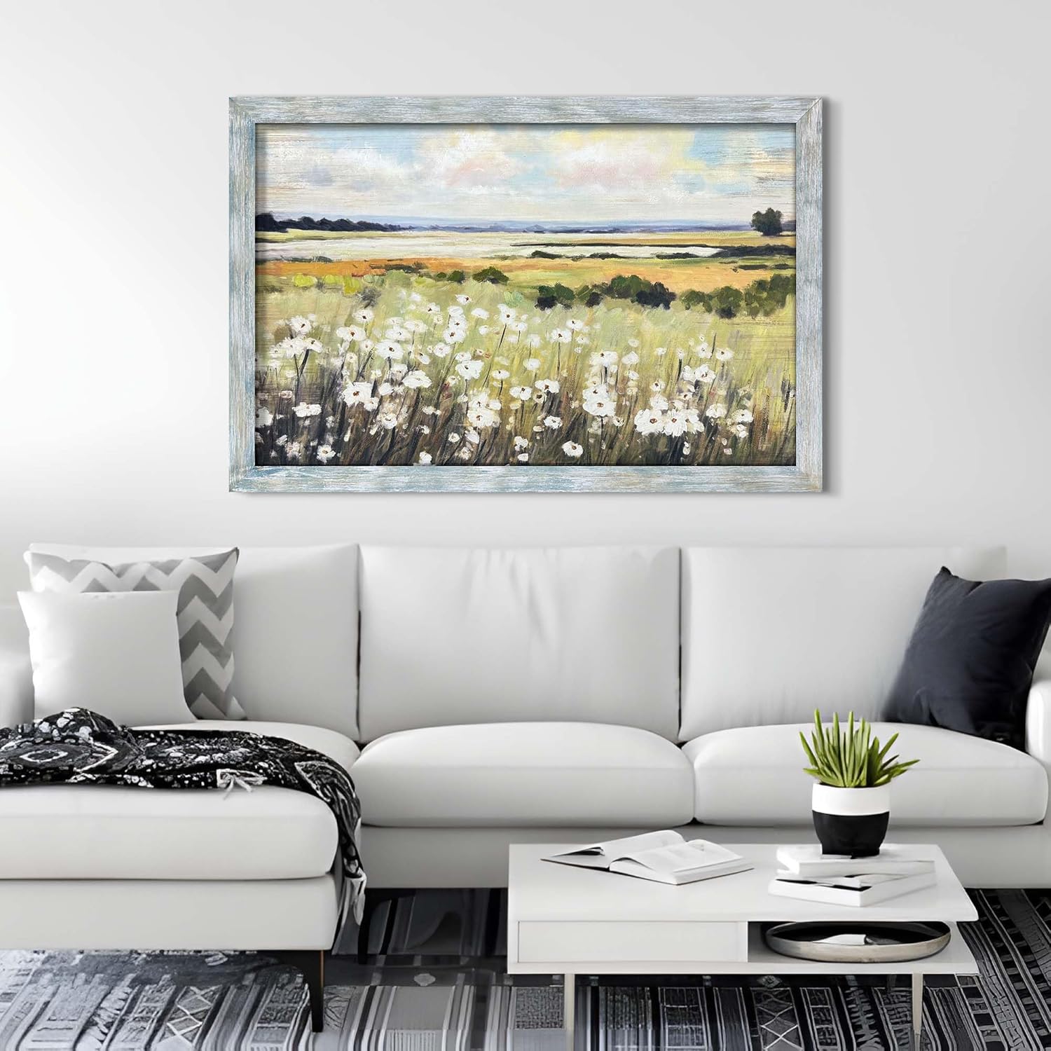 Floral Scenery Framed Wall Art - Rustic Landscape Picture Natural Green Meadow Painting Lake Artwork Decor Prints for Living Room