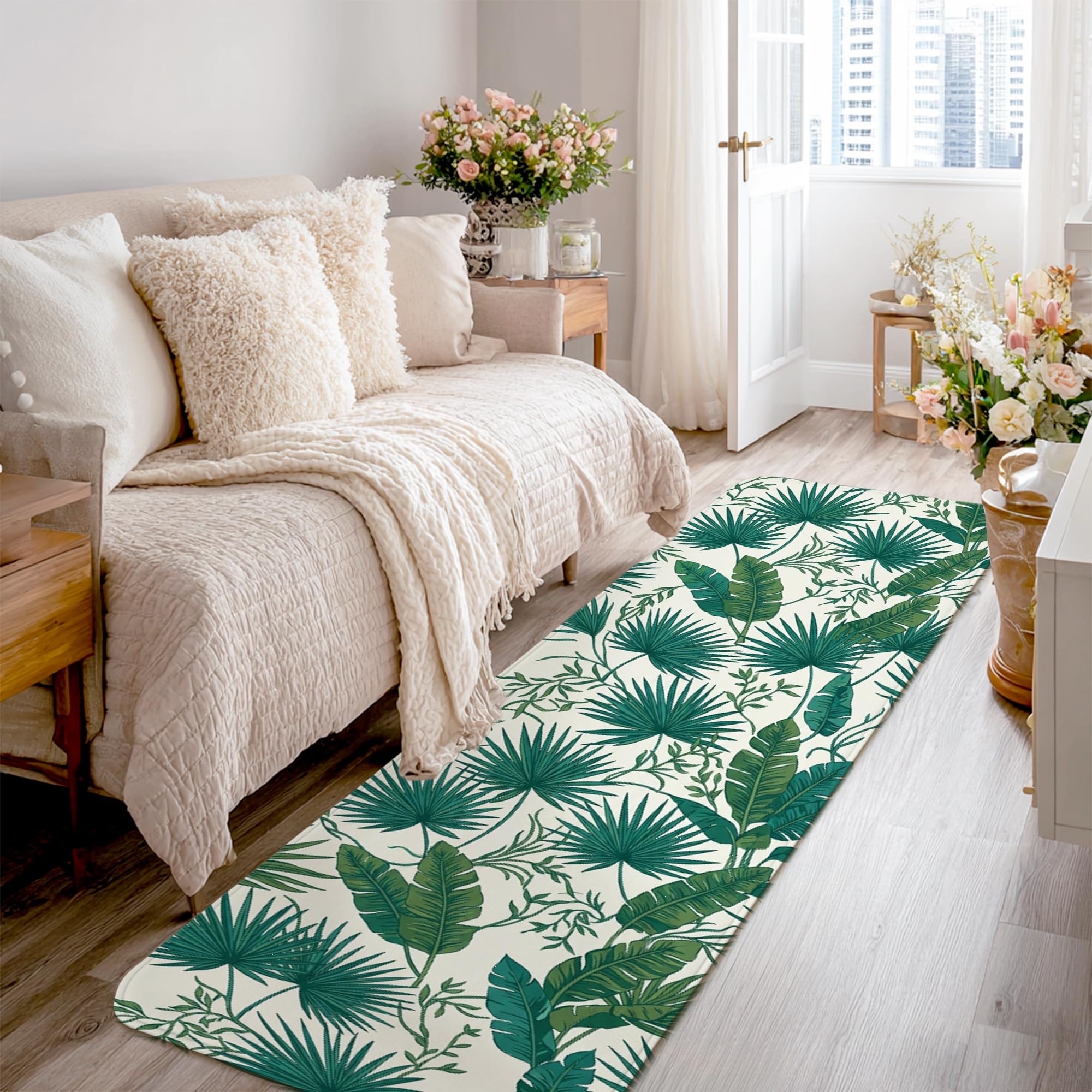 Alfombra de cocina que no se desprende lavable y fina con diseño de hojas verdes de verano