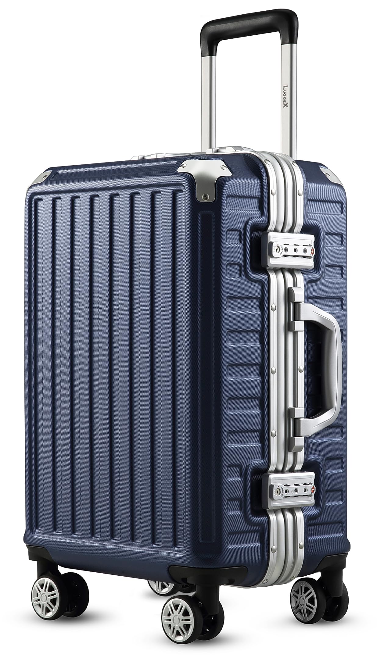 LUGGEX Carry On Luggage with Aluminum Frame, Polycarbonate Zipperless Luggage with Wheels, Hard Shell Suitcase 4 Metal Corner (Navy Blue)