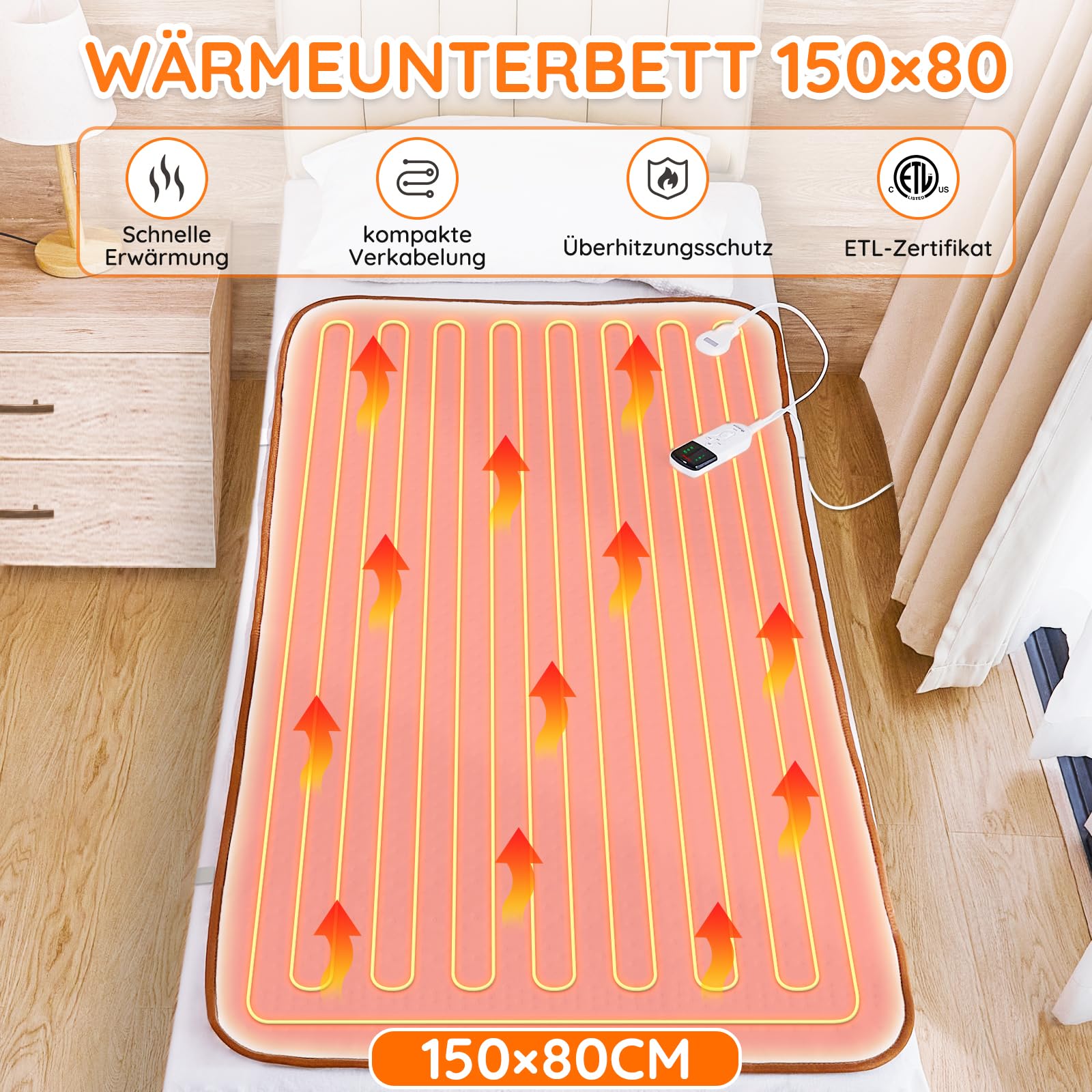 Mia&Coco Heizdecke mit Abschaltautomatik, Wärmeunterbett mit 12-Stunden-Timer und 3 Wärmestufen, LED-Anzeige, Überhitzungsschutz, Wärmedecke für Gängigen Matratzen,Maschinenwaschbar (150 x 80cm)