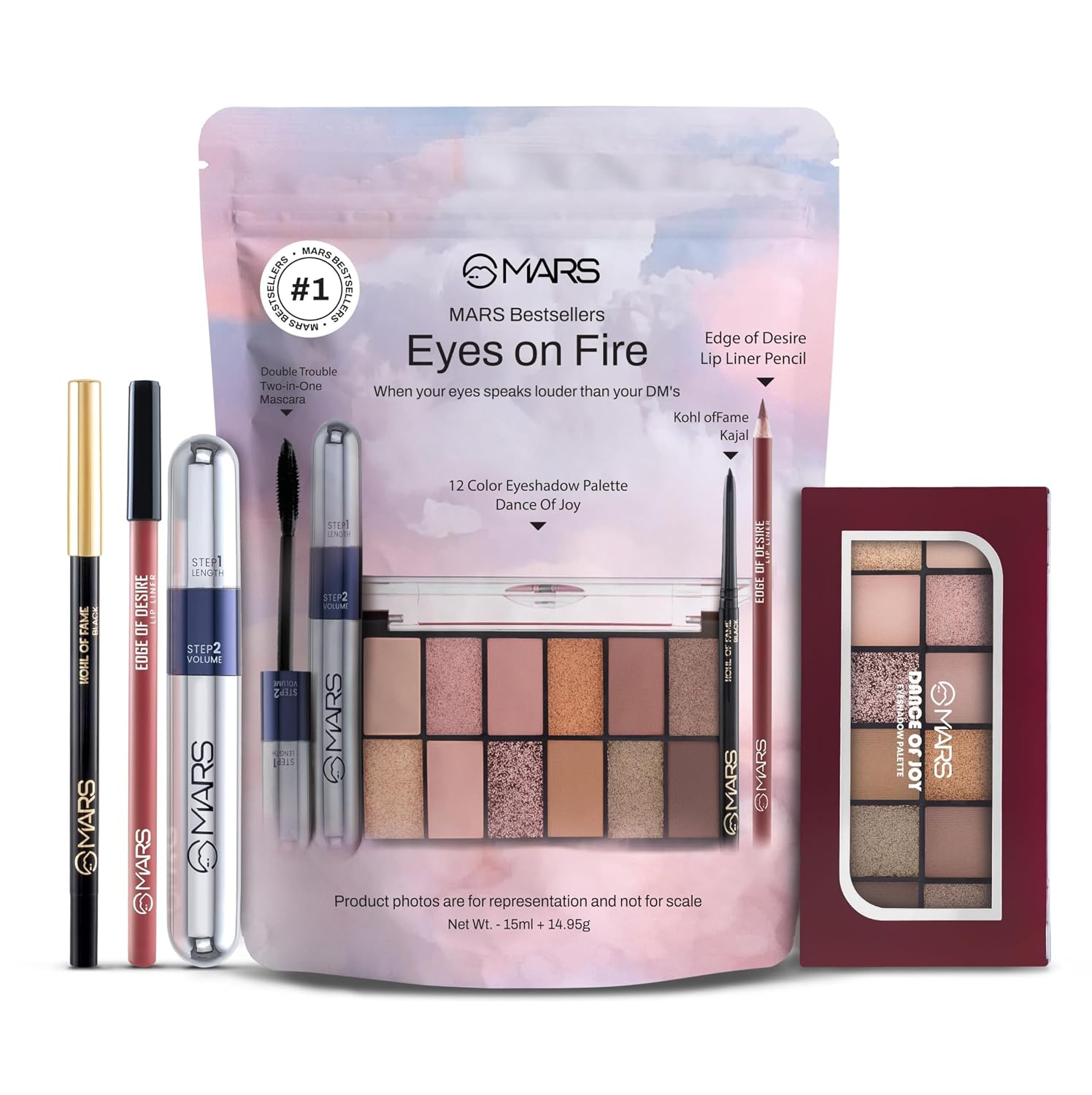 MARS Eyes On Fire Eye Makeup Gift Set (Pack of 4) | Double Trouble Mascara | Edge of Desire Lip Pencil | Kohl of Fame Kaja...