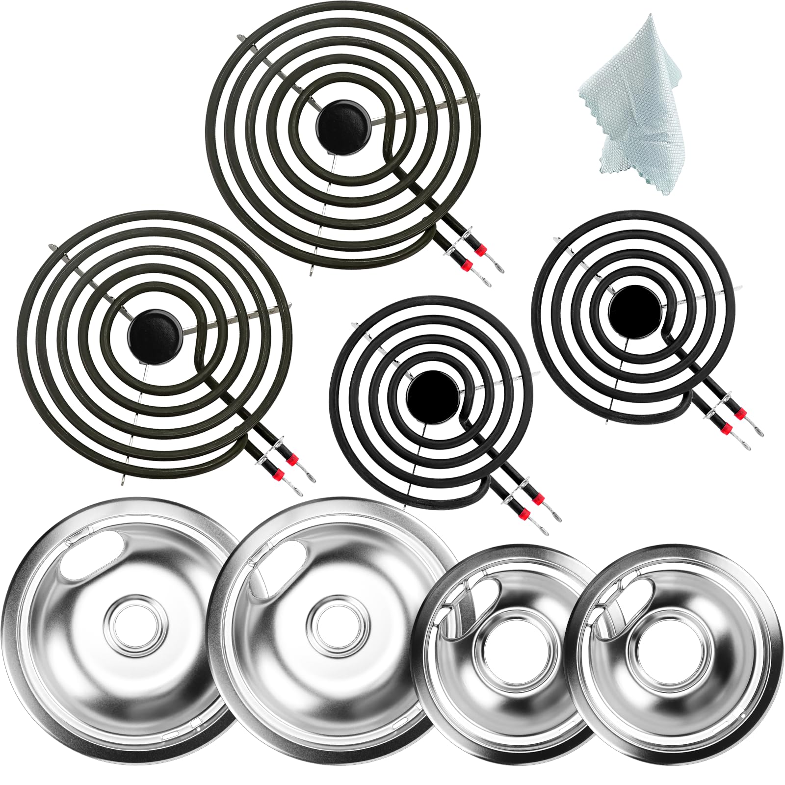 Upgrade W10196405 W10196406 Electric Stove Burner Drip Pans &amp; MP21YA MP15YA Electric Range Burner Element Unit Set Fit for Whirlpool Kenmore Amana Range Oven/Stove by Cenipar