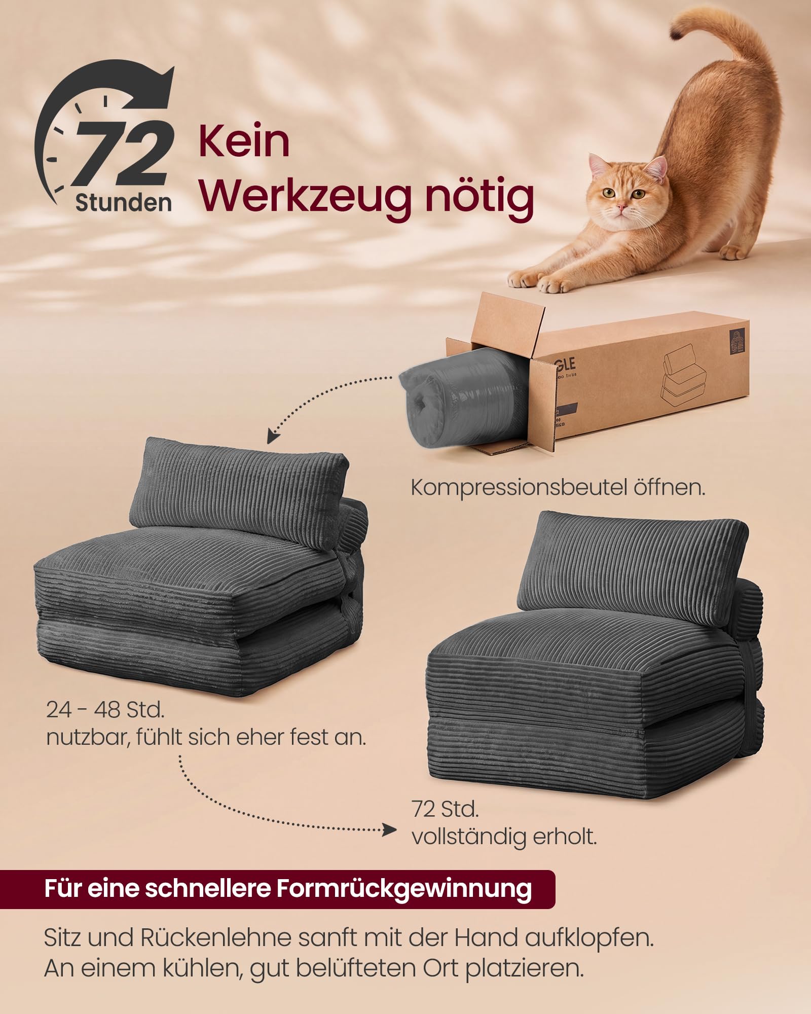 VASAGLE Schlafsessel aus Cord und Schaumstoff, Faltbares Sofabett mit Kissen, 89 x 89 x 78 cm / 89 x 195 x 43 cm, Bleigrau, für Gästezimmer, Camila Kollektion LCS211G101