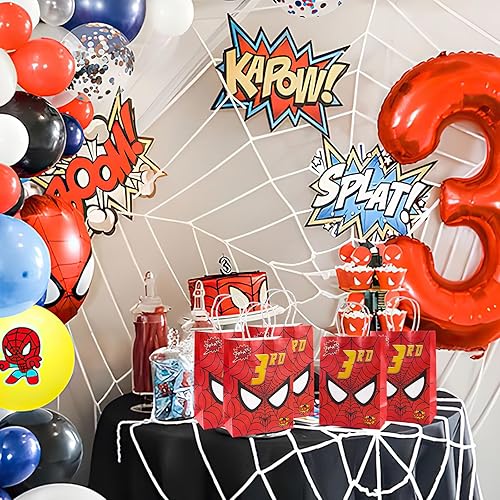 Miniatura 6 de W SXHTKJIN Bolsas de fiesta de cumpleaños de araña, bolsas de papel de superhéroe para primer cumpleaños, 16 piezas con tema de telaraña,