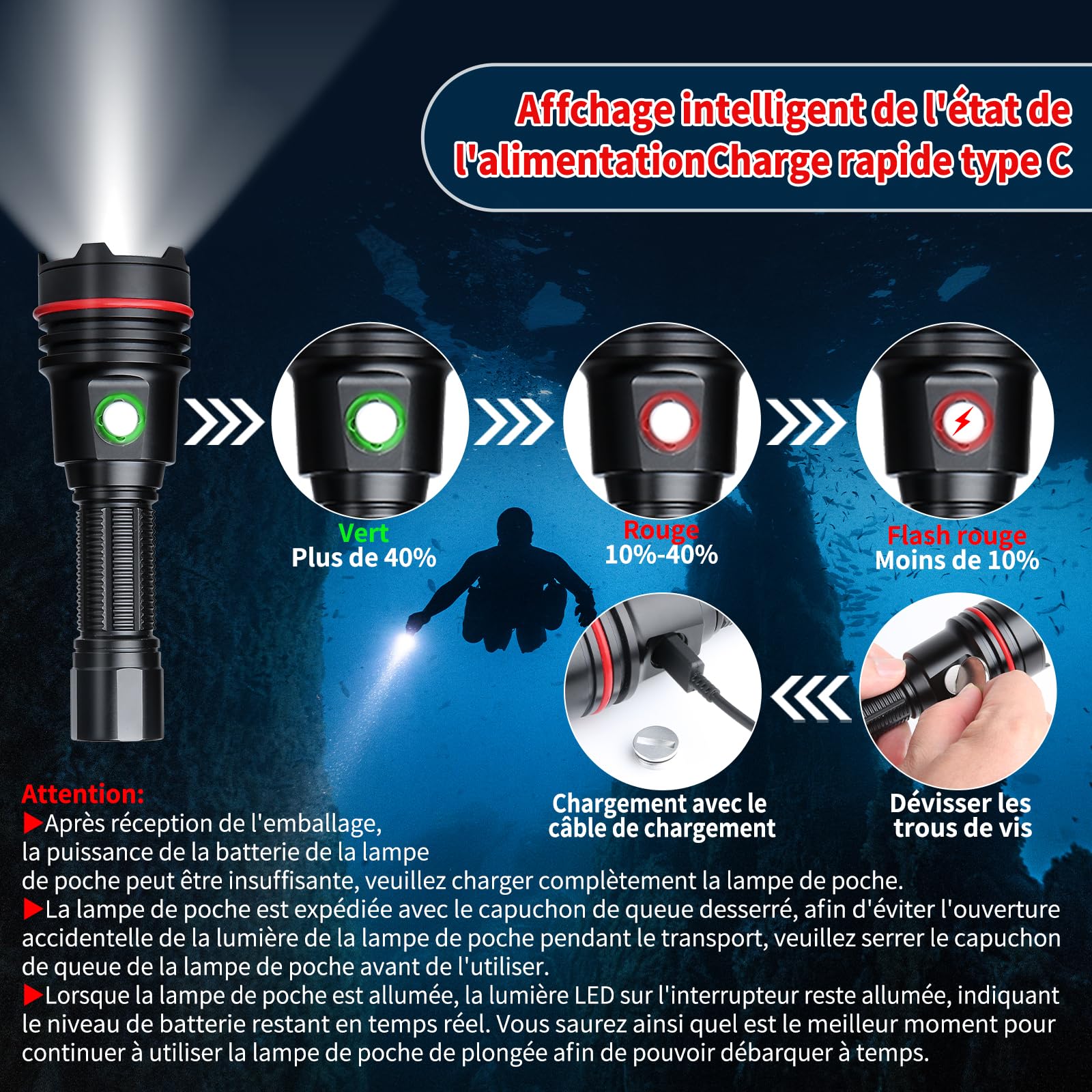14S Lampe de Plongée 2000 Lumens - 6 Modes, Super Lumineuse, Rechargeable USB-C, Étanche IP68 (100m) pour Plongée Sous-Marine, de Nuit et Snorkeling