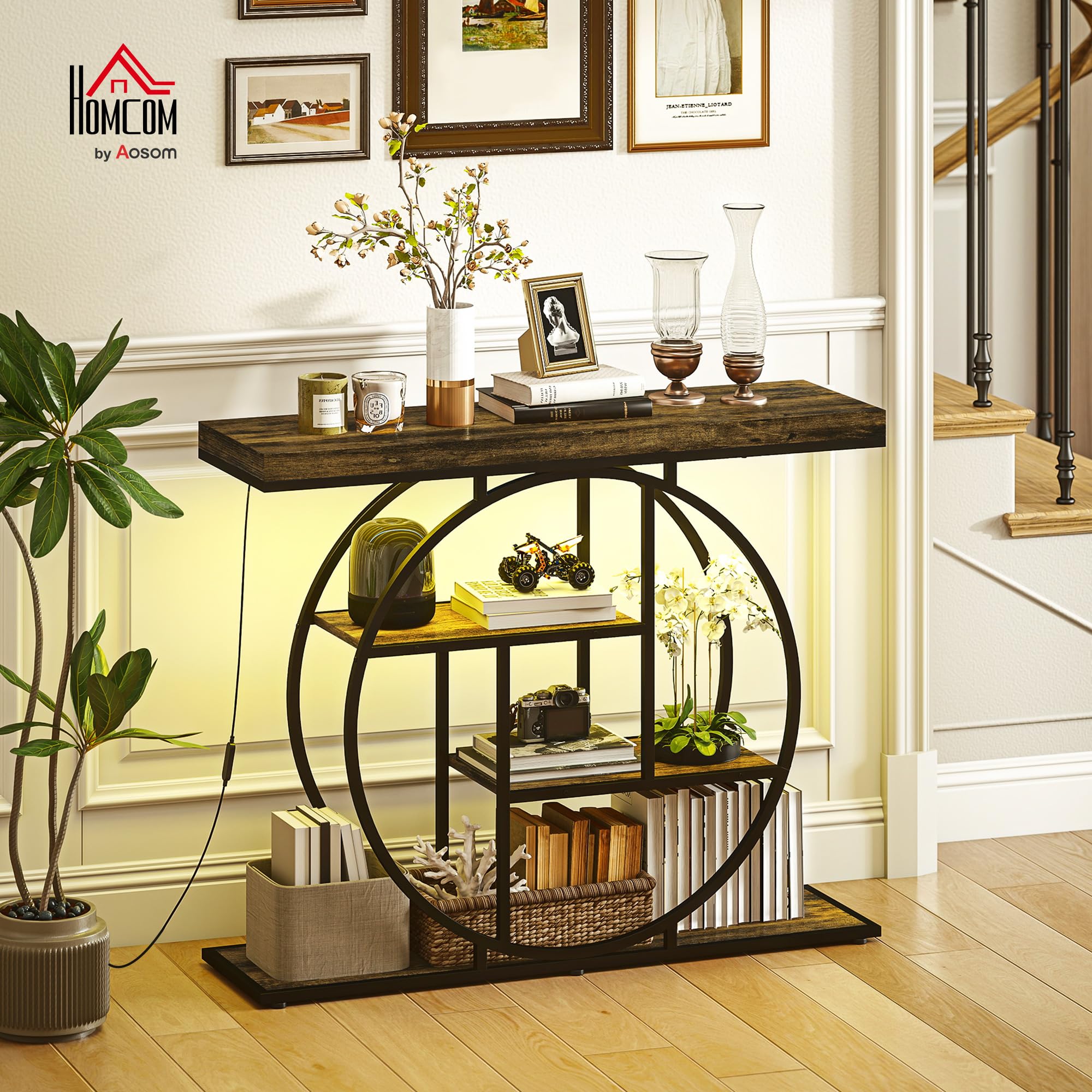 HOMCOM Console meuble avec éclairage LED musique sync 100 cm, table console 4 niveaux, étagères ouvertes, cadre rond en acier, table d'entrée, salon, couloir, style industriel, marron rustique et noir