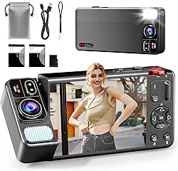 Câmera digital, câmera digital de 64 MP FHD 4 K com zoom de 18x, antivibração, câmera compacta pequena com cartão 64G para meninos, meninas, crianças, preta