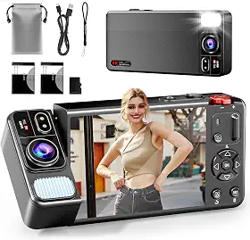Câmera digital, câmera digital de 64 MP FHD 4 K com zoom de 18x, antivibração, câmera compacta pequena com cartão 64G para meninos, meninas, crianças, preta