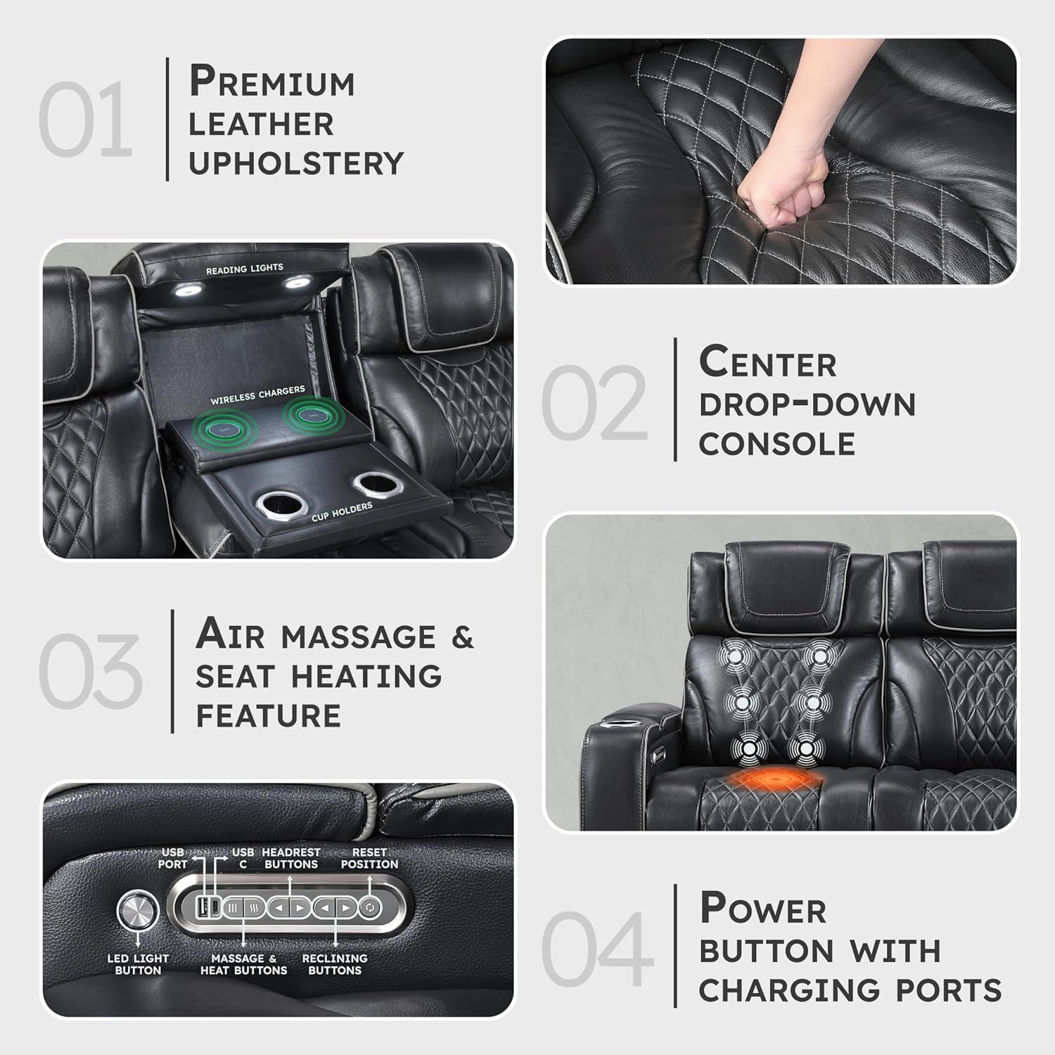 Lexicon Power Double Reclining Sofa, Center Drop-Down Table with Heat/Massage/Headrest/Storage Arms/Cup Holders/LED Lights/Wireless Charging, Top Grain Leather Match Wall Hugger Recliner Sofa, Black
