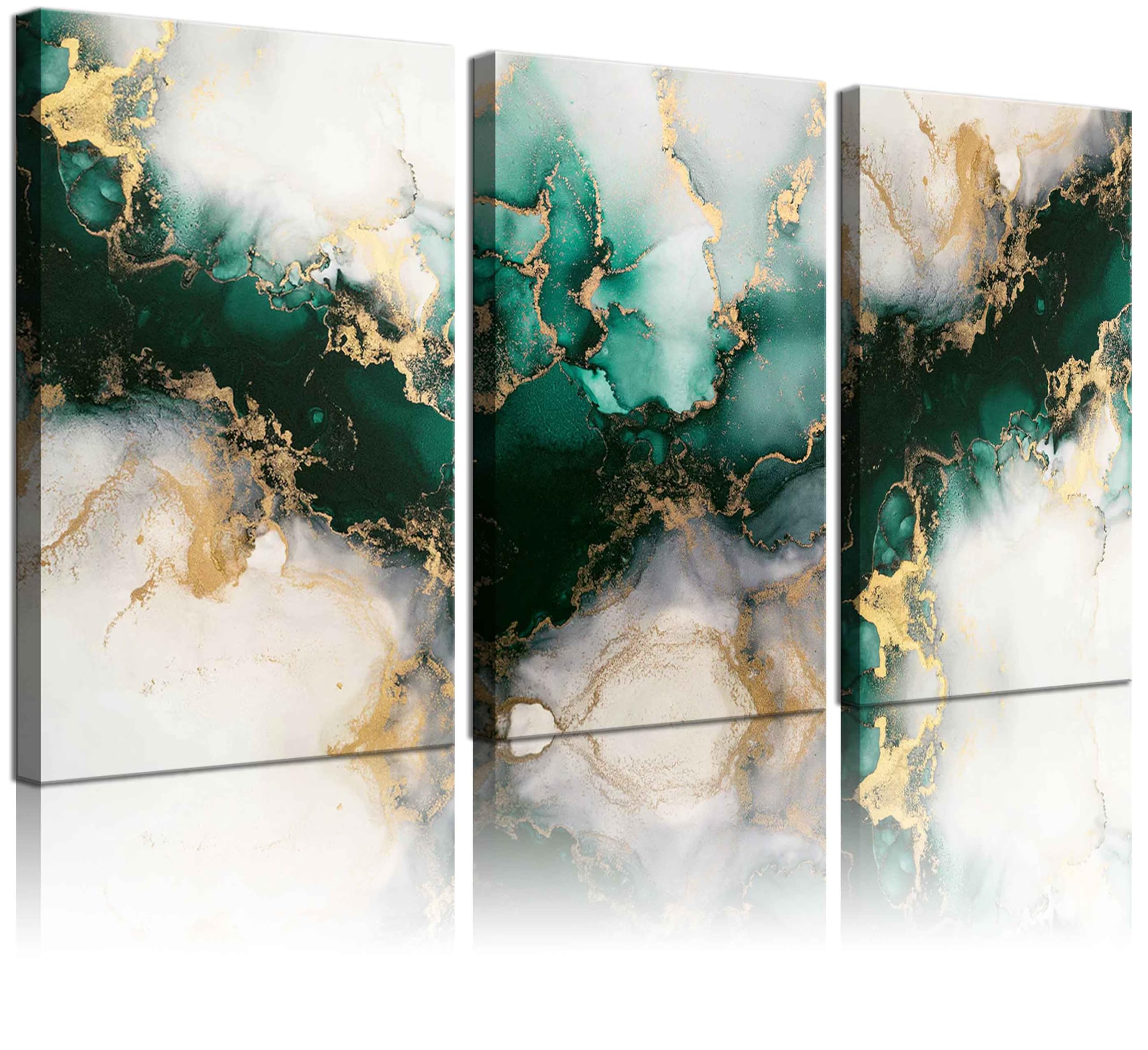 3 Piecs Emerald Green and Gold Canvas Wall Art Modern Abstract Glam Fluid Marble Painting Pictures Living room Wall Decor Posters Prints for Bedroom Bathroom Office Home Decoration
