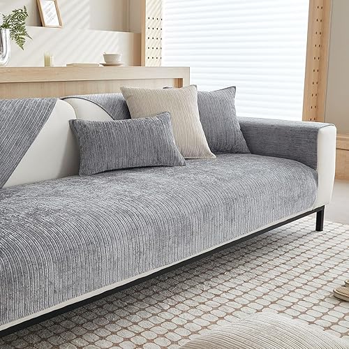 Funda de sofá jacquard de lujo a rayas de felpilla súper suave, antideslizante, lavable, protector de muebles para perros, gatos y mascotas (gris,