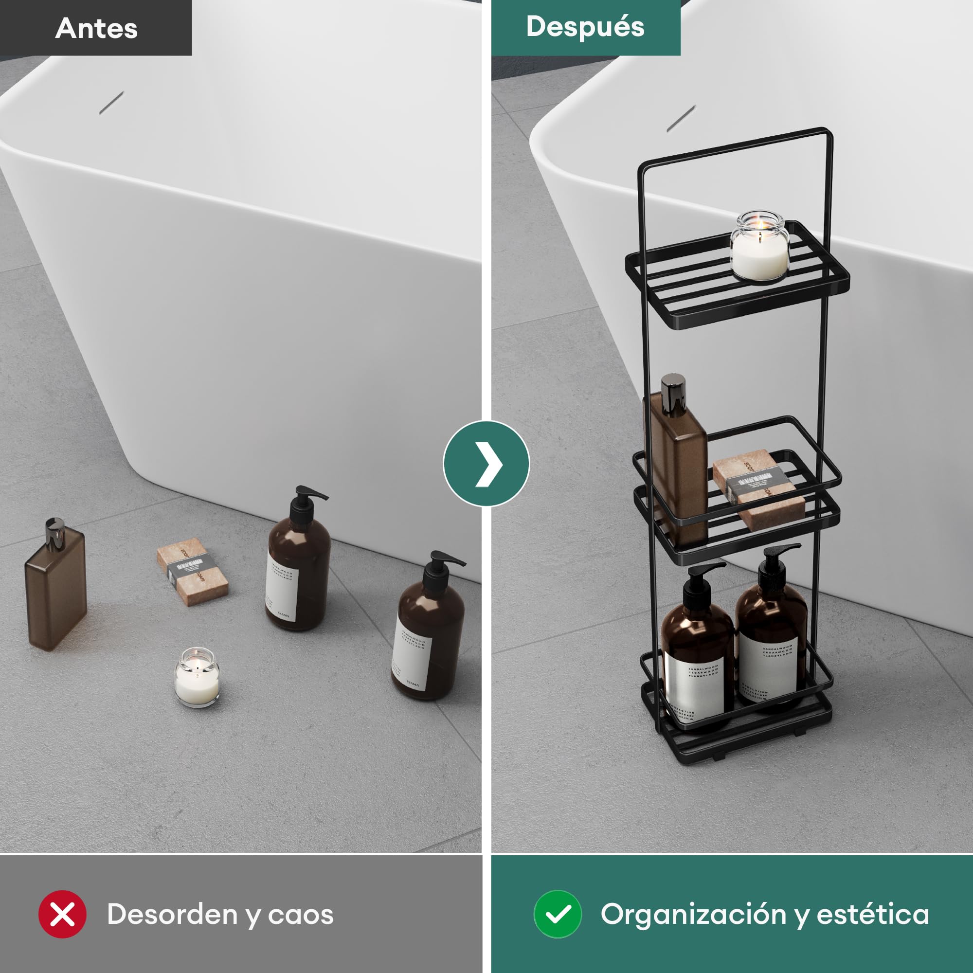 Mai & Mai Estante de Baño de Pie con 3 Niveles, Espacio Amplio para Almacenaje, Asa Práctica, Drenaje Rápido, de Acero Carbono y Base Antideslizante, Ideal para Baño y Bañera, Negro,Reglo-02 | Reglo-02 - Estantería de pie para baño (18 x 12,5 x 67,3 cm, m