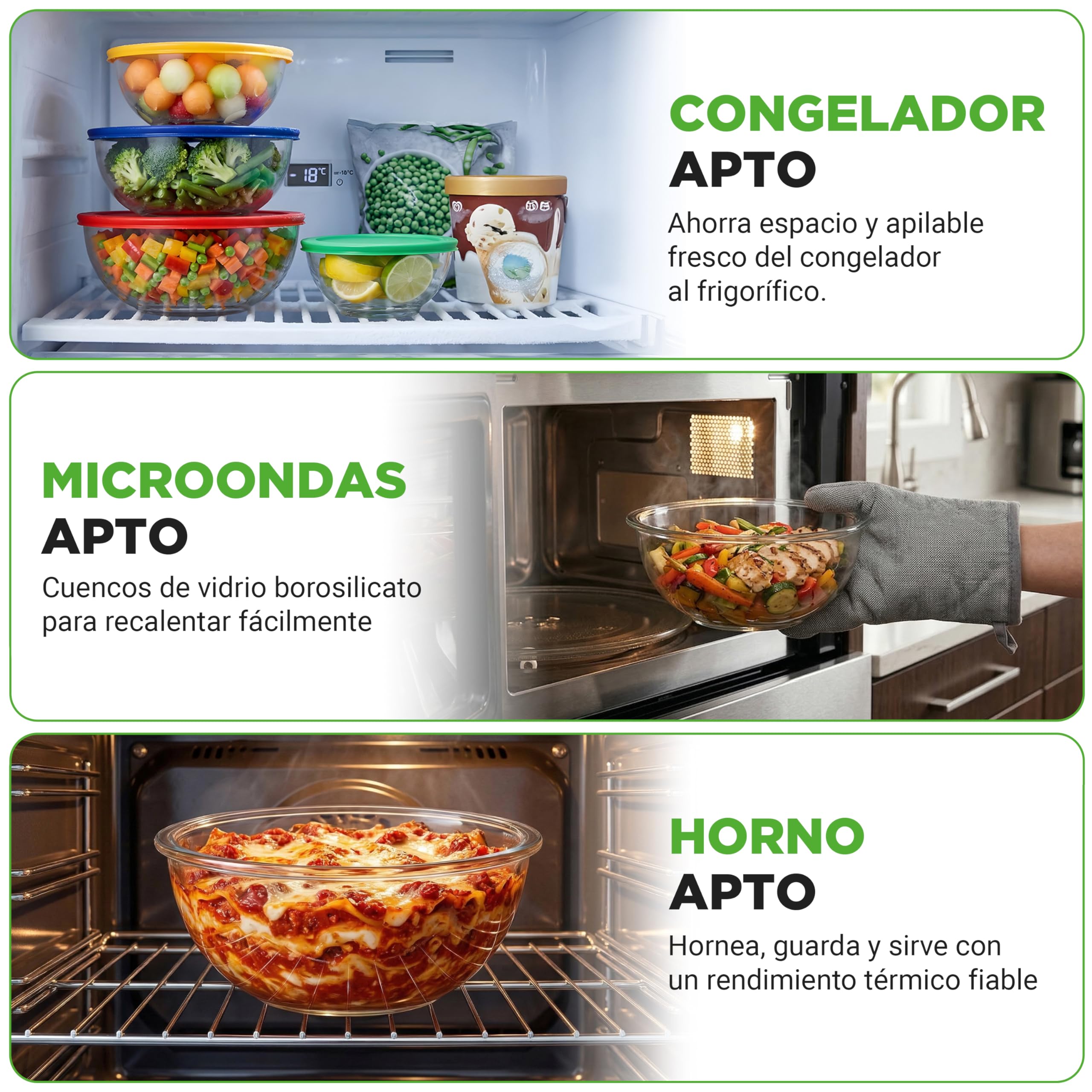 NutriChef set de 4 boles, Ensaladeras de cristal con tapa hermética, Apilables, Aptos para microondas, Horno, Lavavajillas y congelador, 4 tamaños