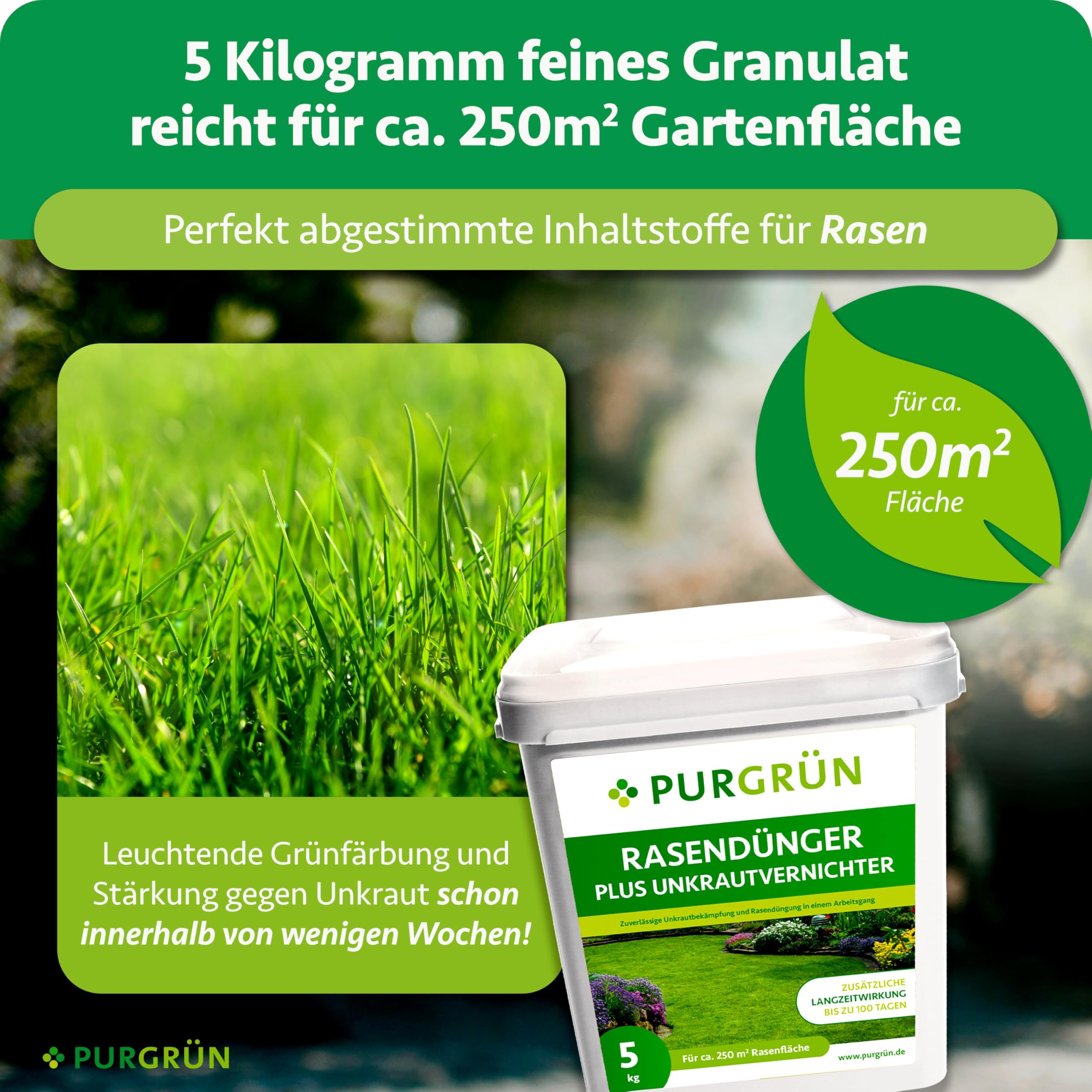 Rasendünger mit Unkrautvernichter 5 kg – Schnell wirksame mineralische Rezeptur – Kombi-Wirkstoff gegen Unkraut – NPK 22+5+5 – 100 Tage Langzeitwirkung – Profi-Qualität – Für jeden Rasen