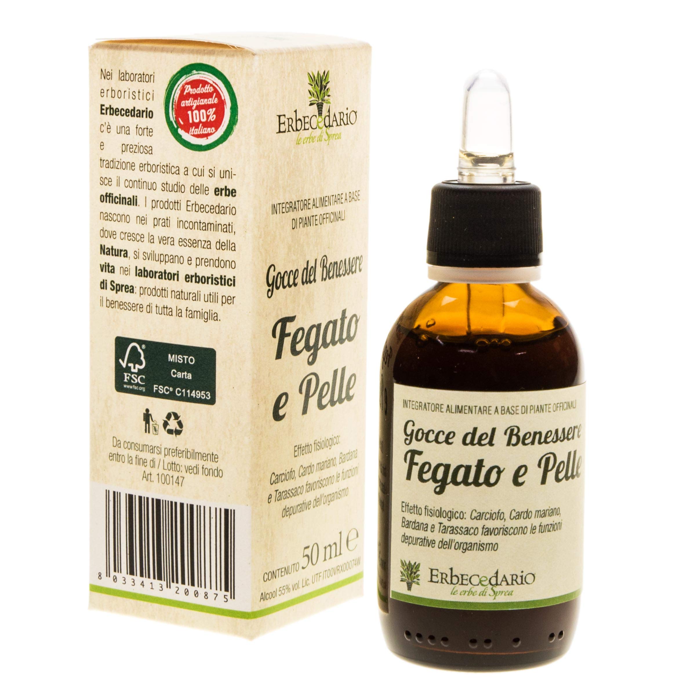 Gocce Del Benessere Fegato E Pelle Erbecedario 50ml, Depurativo fegato Naturale Con Tintura Madre di Carciofo e Cardo Mariano, Stimola Le Funzionalità Del Fegato