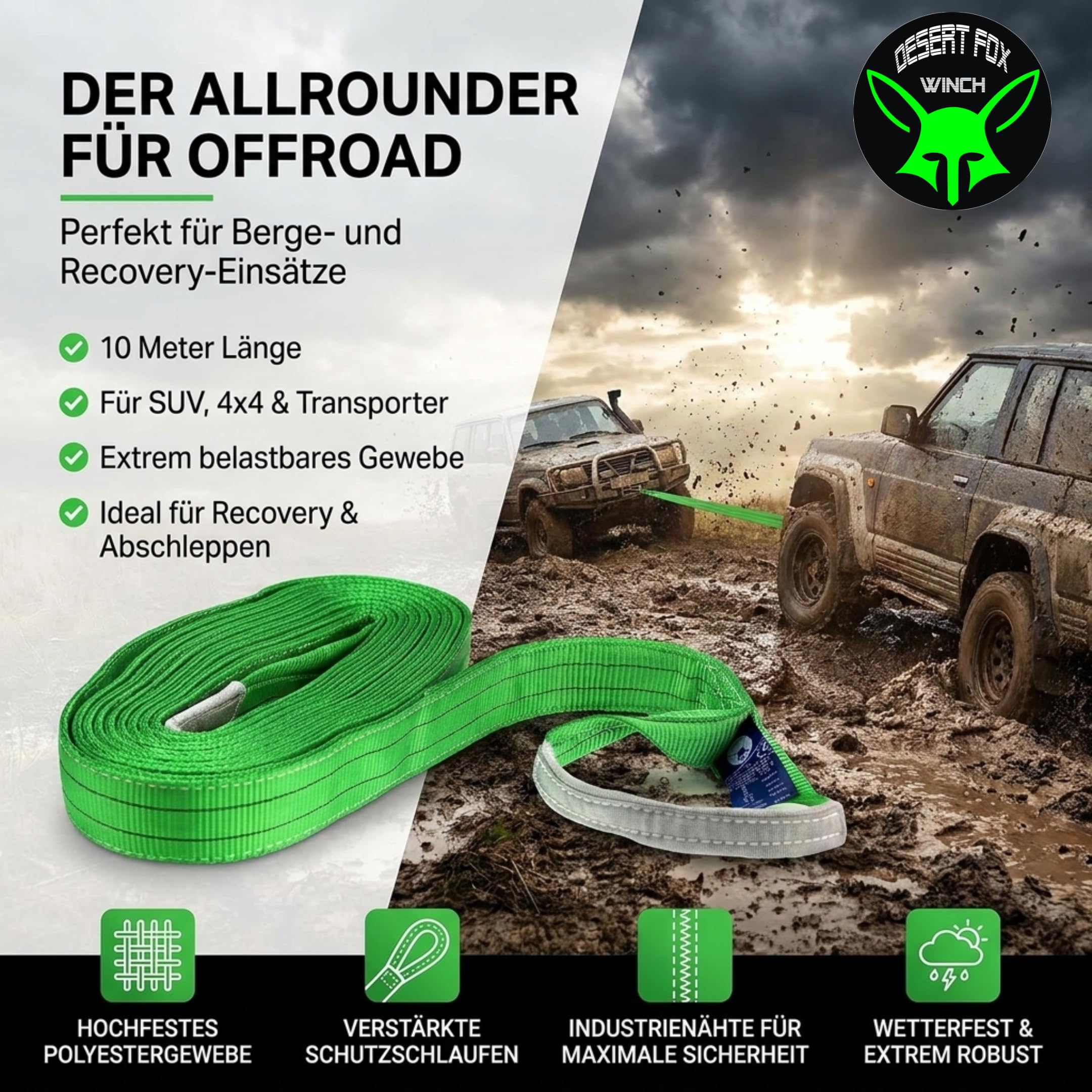 Bergegurt – Robuster 10m Baumgurt & Abschlepp-Seil, 14t Bruchlast – Ideal für Offroad, Recovery, Jagd, Forst und Baugewerbe nach EN 1492-1