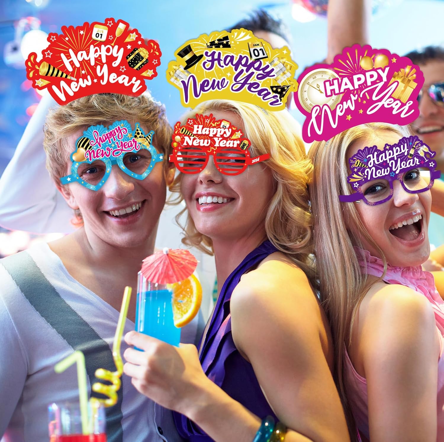 HOWAF New Years Eve Party Supplies 2026, 48 Pieces Colorful New Years Eve Hats Happy New Year Headband 2026 Glasses Party Blowouts and Necklace NYE Party Supplies New Years Eve Accessories Kit - Image 4