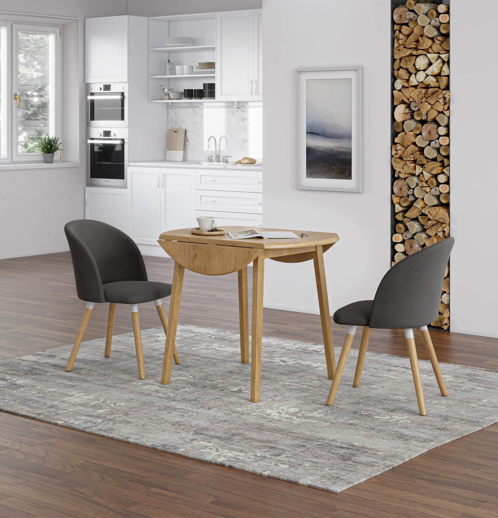 Hallowood Furniture Ledbury Small Dining Table & Dining Chairs Set 2, Round Wooden Drop Leaf Table & Chairs in Dark Grey, Folding Table and Chairs, Kitchen Table Dining Room Set
