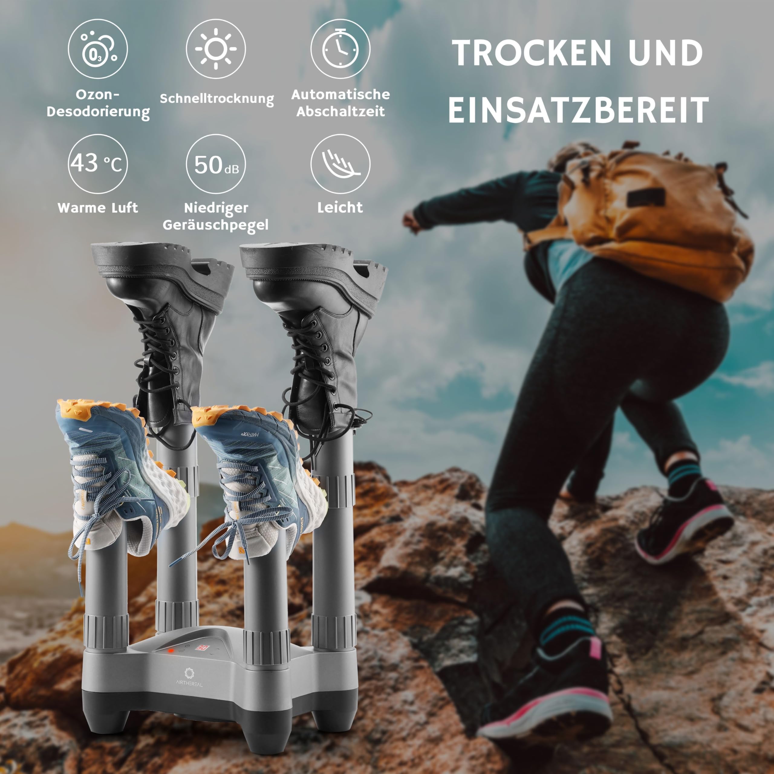 AIRTHEREAL SD20 Elektrischer Schuhtrockner mit Timer & Ozon-Desinfektion | 110W Warmluft für 2 Paar | Teleskop-Stiefeltrockner für Skistiefel, Arbeitsschuhe, Sneaker & Handschuhe | Grau