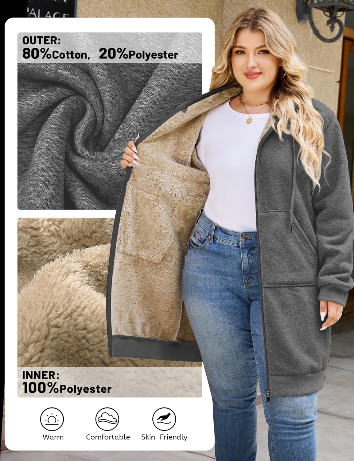 Casual Zip Up Hoodie for Women, Long Tunic Fleece Jacket Plus Size Coat, Warm Winter Hooded Outerwear - Image 4