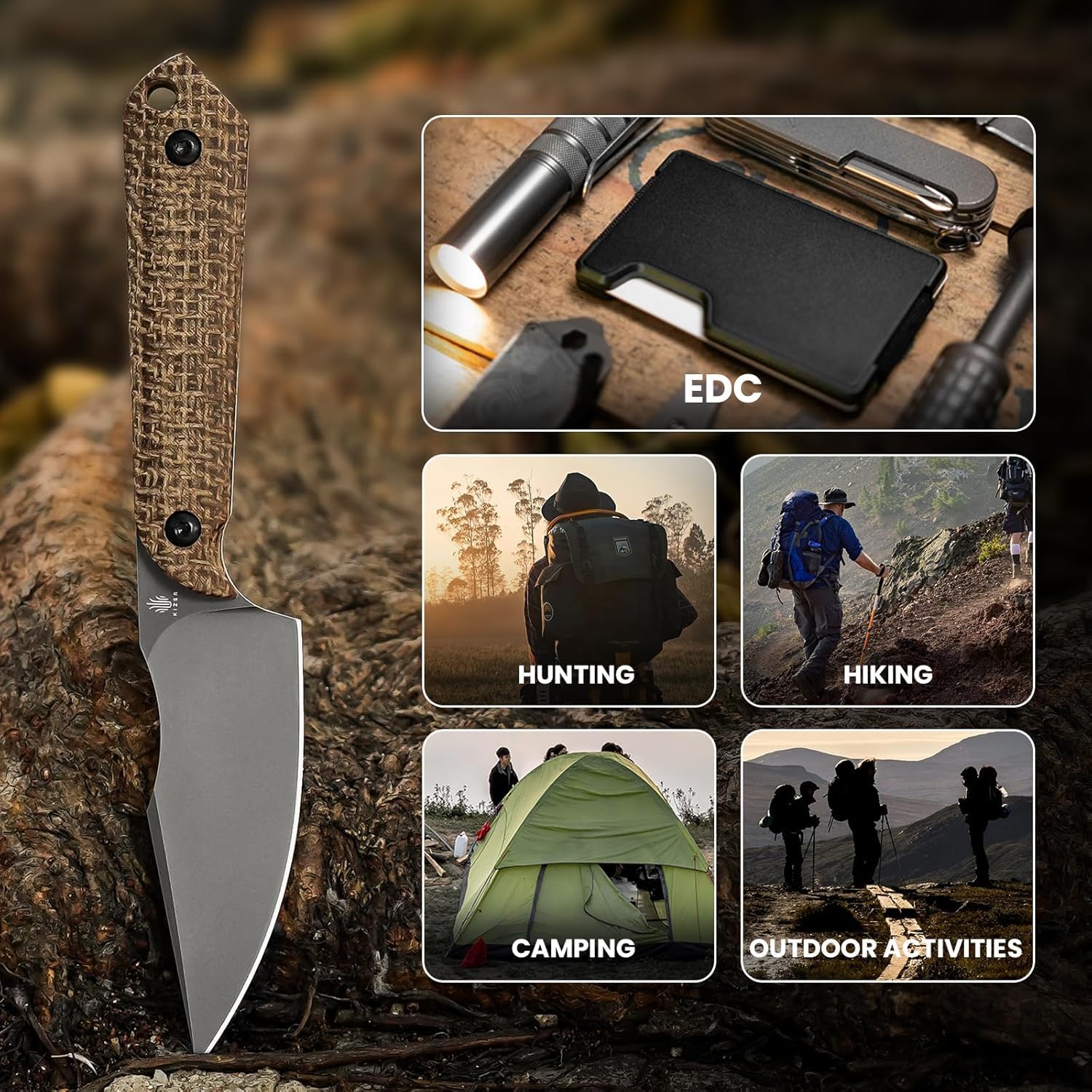 Kizer Mini Harpoon Outdoor Messer mit Scheide, Jagdmesser mit 7,62 CM 3V Feststehende Klinge und Micarta Griff, Kleines EDC Messer für Camping, Wandern, Survival 1040SM1