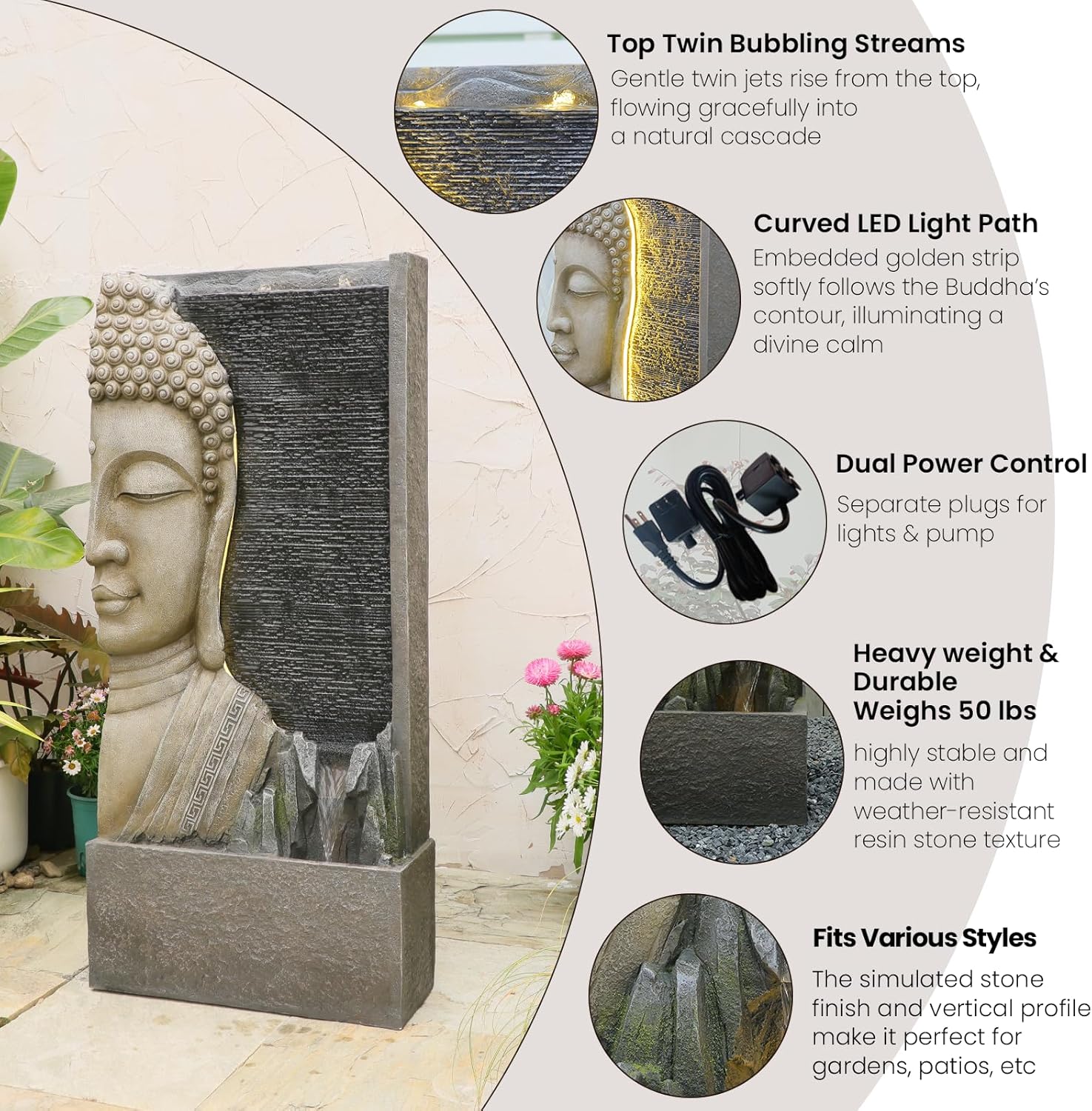 Tankana 47.5" Buddha Water Fountain Outdoor with LED Lights, Large Zen Garden Waterfall Feature with Double Bubblers and Stream, Resin Statue for Patio, Yard, Porch, Meditation Decor