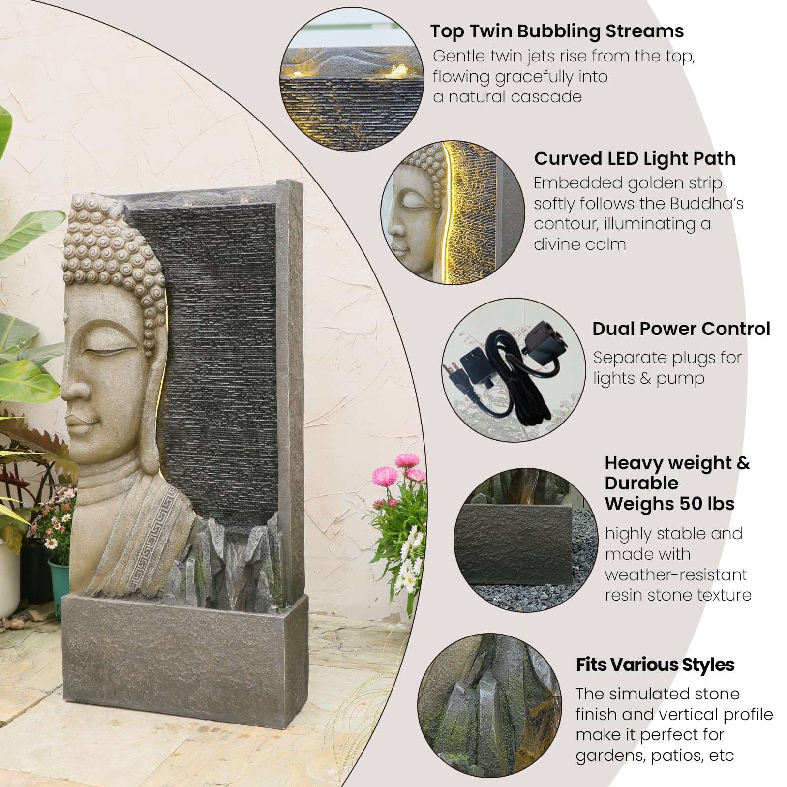 Tankana Buddha-Wasserbrunnen für den Außenbereich, 119,4 cm, mit LED-Lichtern, großer Zen-Gartenwasserfall mit Doppelblasen, Statue aus Kunstharz für Terrasse, Hof, Veranda, Dekoration
