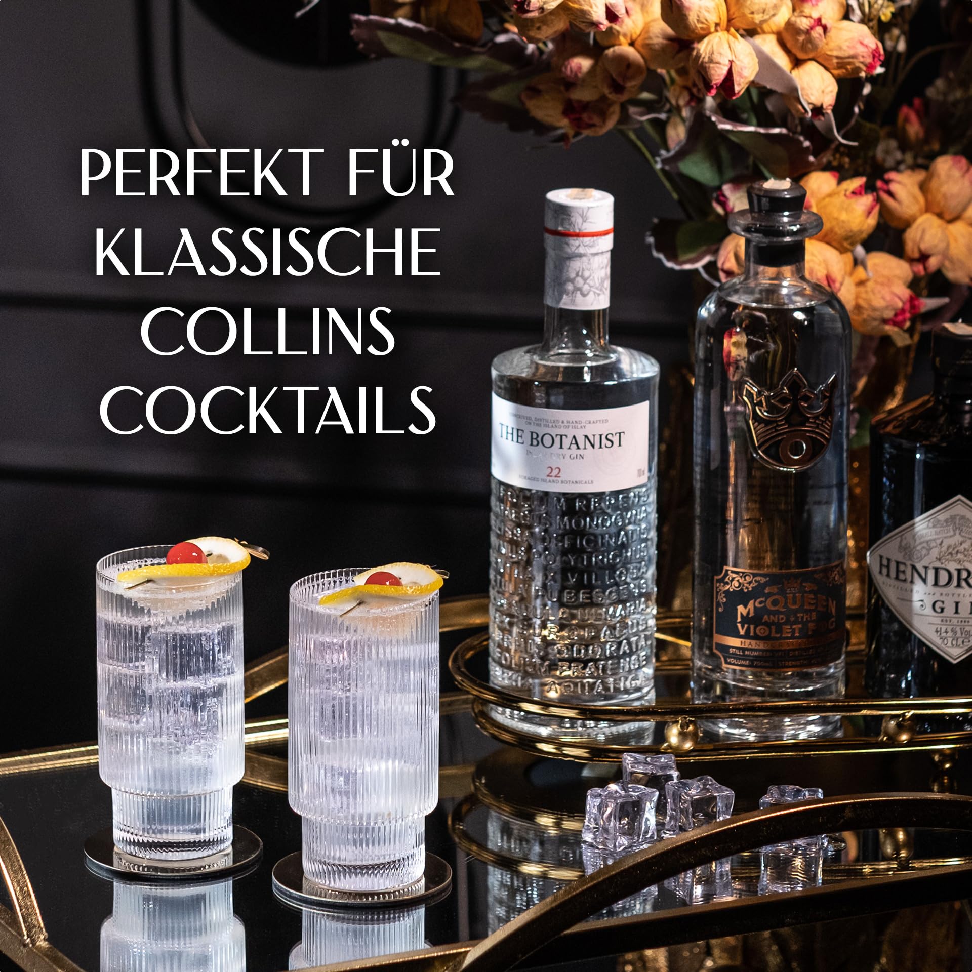 GLASSIQUE CADEAU Vintage Art Deco Collins Gin Longdrink Gerippte Cocktailgläser | 4er Set | 400 ml Schmale Hohe Geriffelte Highball Longdrink Gläser für Mojito Cocktails