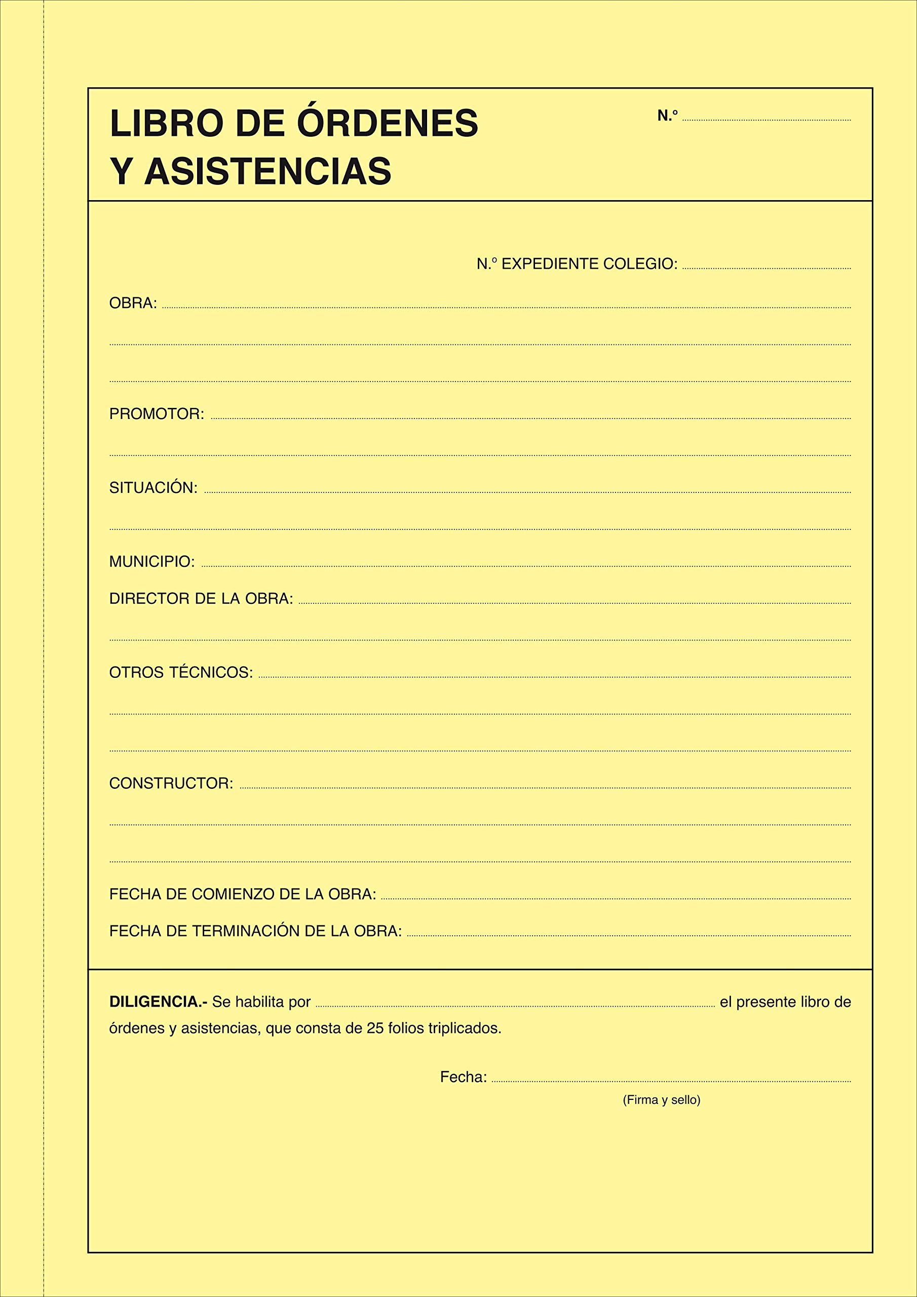 LIBRO DE ÓRDENES Y ASISTENCIAS. A4, 25 folios triplicados y numerados.