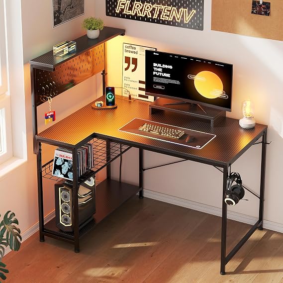 Gaming Desk L-Shape with Pegboard Hutch & Shelves, Adjustable Pc Small Computer Desk with Power Outlets & LED Lights, Reversible Corner Desk for Home Office, Carbon Fiber Desktop, 110x70cm