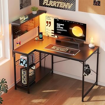 Gaming Desk L-Shape with Pegboard Hutch & Shelves, Adjustable Pc Small Computer Desk with Power Outlets & LED Lights, Reversible Corner Desk for Home Office, Carbon Fiber Desktop, 110x70cm