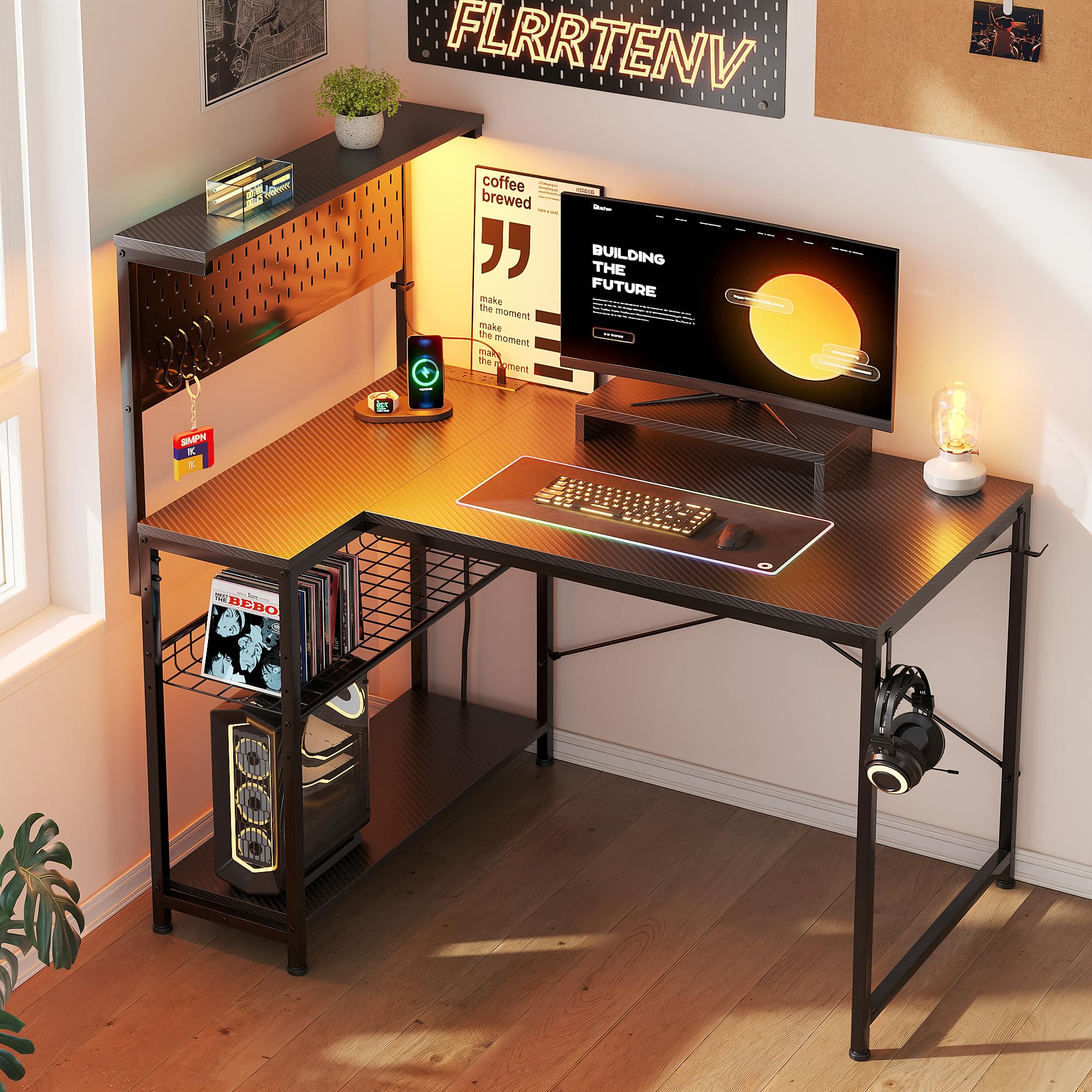 Flrrtenv Gaming Desk L-Shape with Pegboard Hutch & Shelves, Adjustable Pc Small Computer Desk with Power Outlets & LED Lights, Reversible Corner Desk for Home Office, Carbon Fiber Desktop, 110x70cm