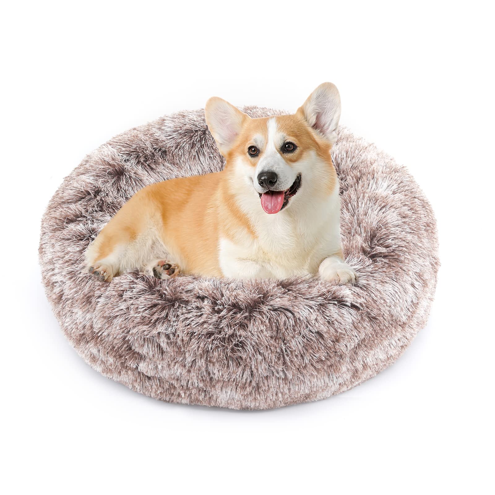 NOYAL Calming Donut Dog Bed for Small to Medium Dogs & Cats - Plush Faux Fur Anti-Anxiety Pet Bed with Machine Washable Cover & Non-Slip Base