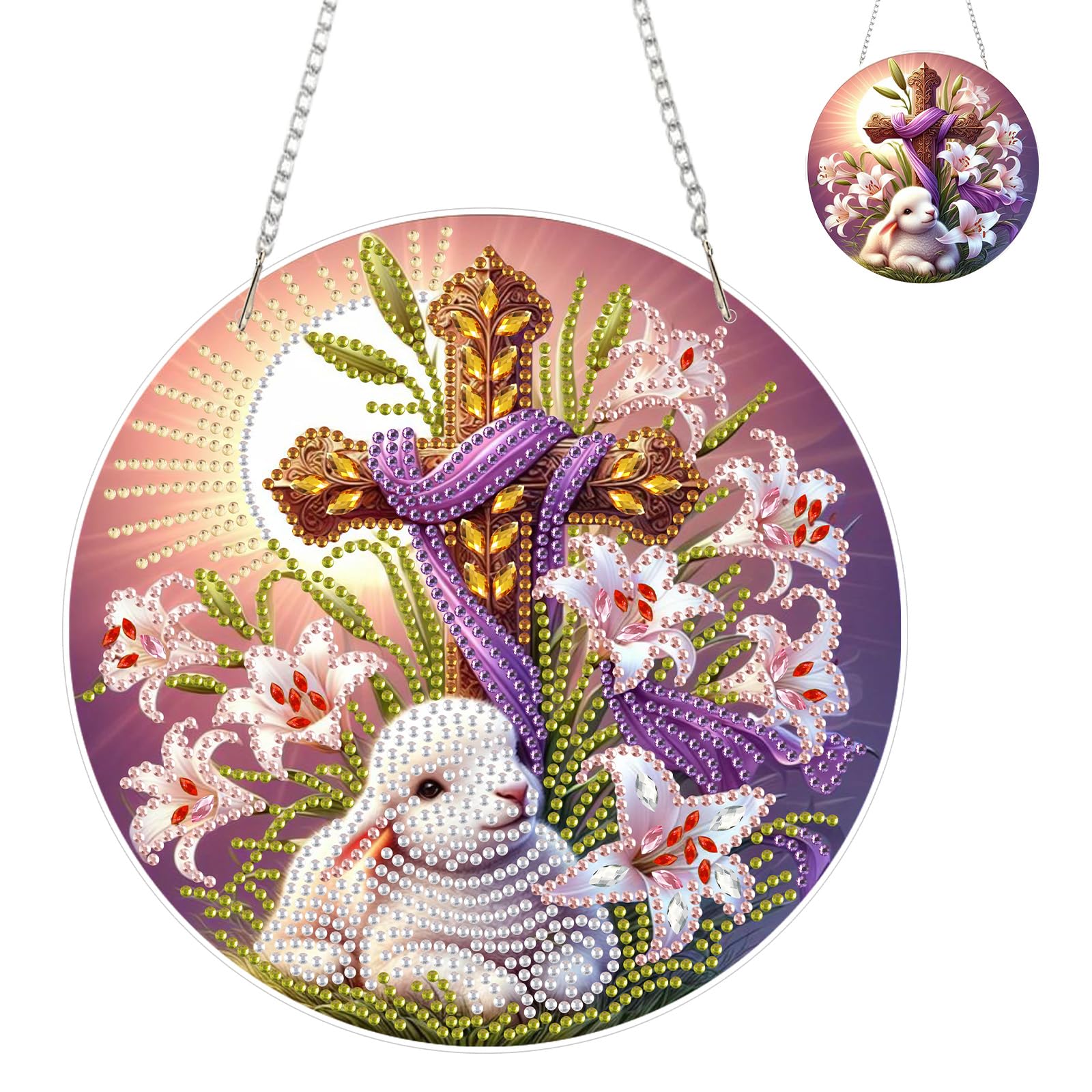 EOBROMD Lamb Diamond Art Kits Adults with Chain, Cross DIY Special Shaped Diamond Painting Ornaments Kits, Diamond Art Accessories for Window Home Decor