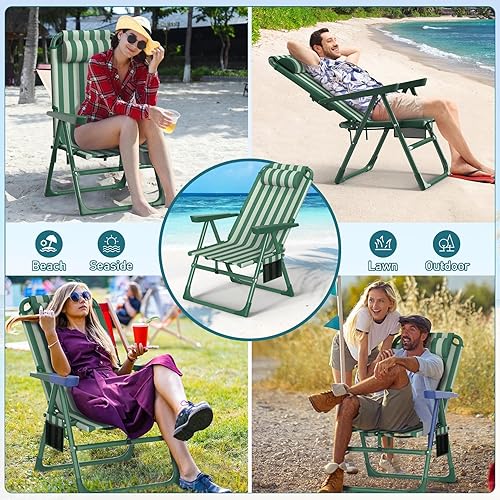 Miniatura 8 de Suteck Sillas de playa tipo mochila para adultos, paquete de 2, silla reclinable plegable de 6 posiciones con bolsa enfriadora y soporte para tazas,