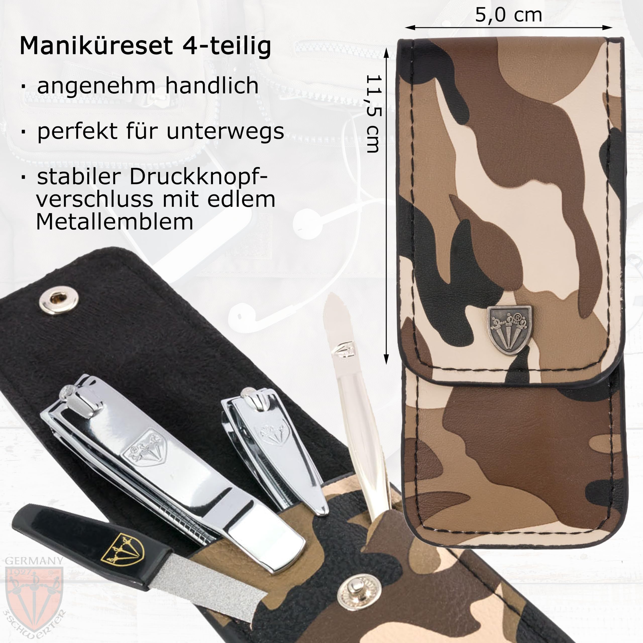 DREI SCHWERTER Germany zestaw do manicure zestaw do paznokci 'Bari' – 4-częściowy ze sztucznej skóry w stylu moro, zawartość: pęseta, szafirowy pilnik do paznokci, obcinacz do paznokci u rąk, obcinacz
