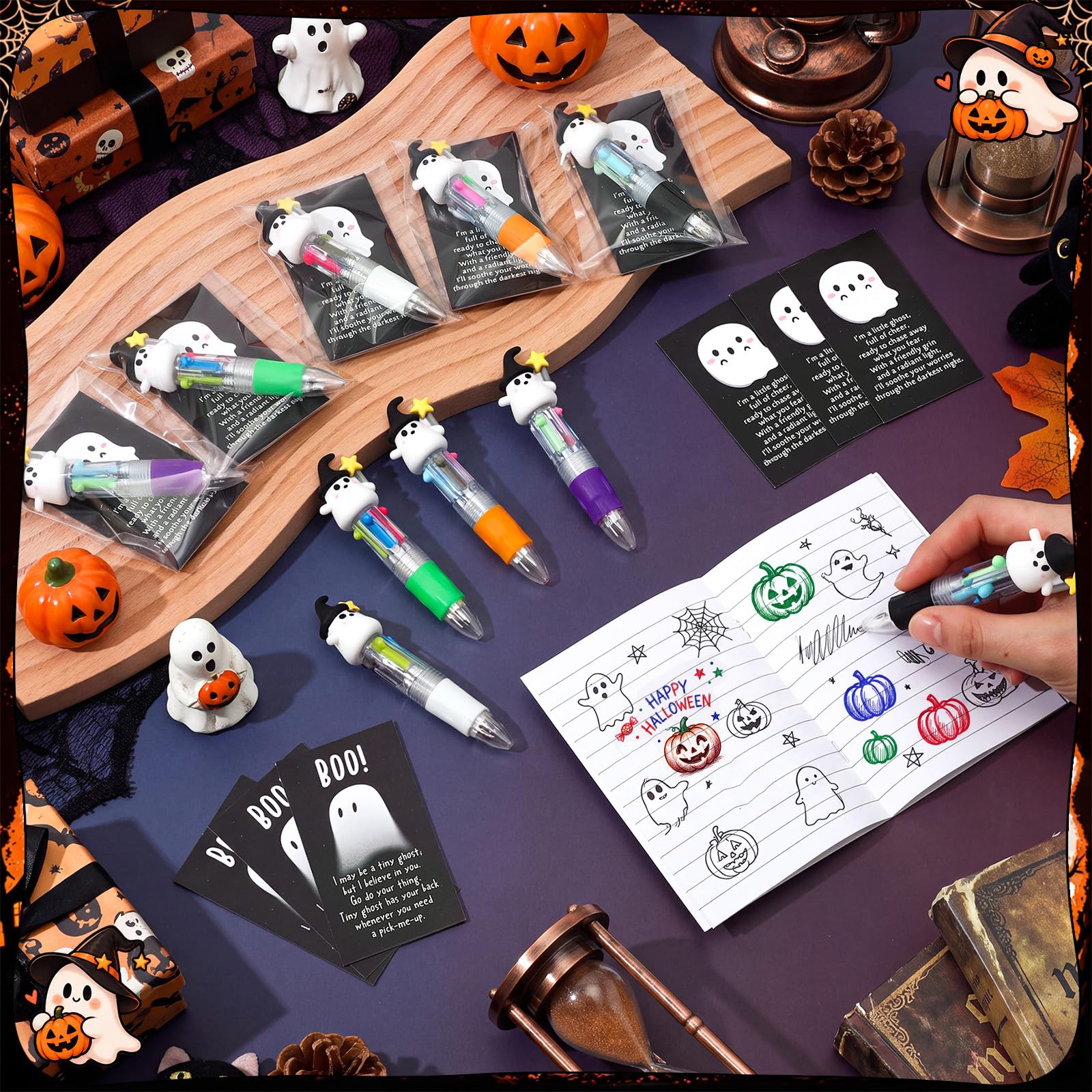 Epakh Set di 100 mini penne a sfera multicolore per Halloween, 4 in 1, Boo