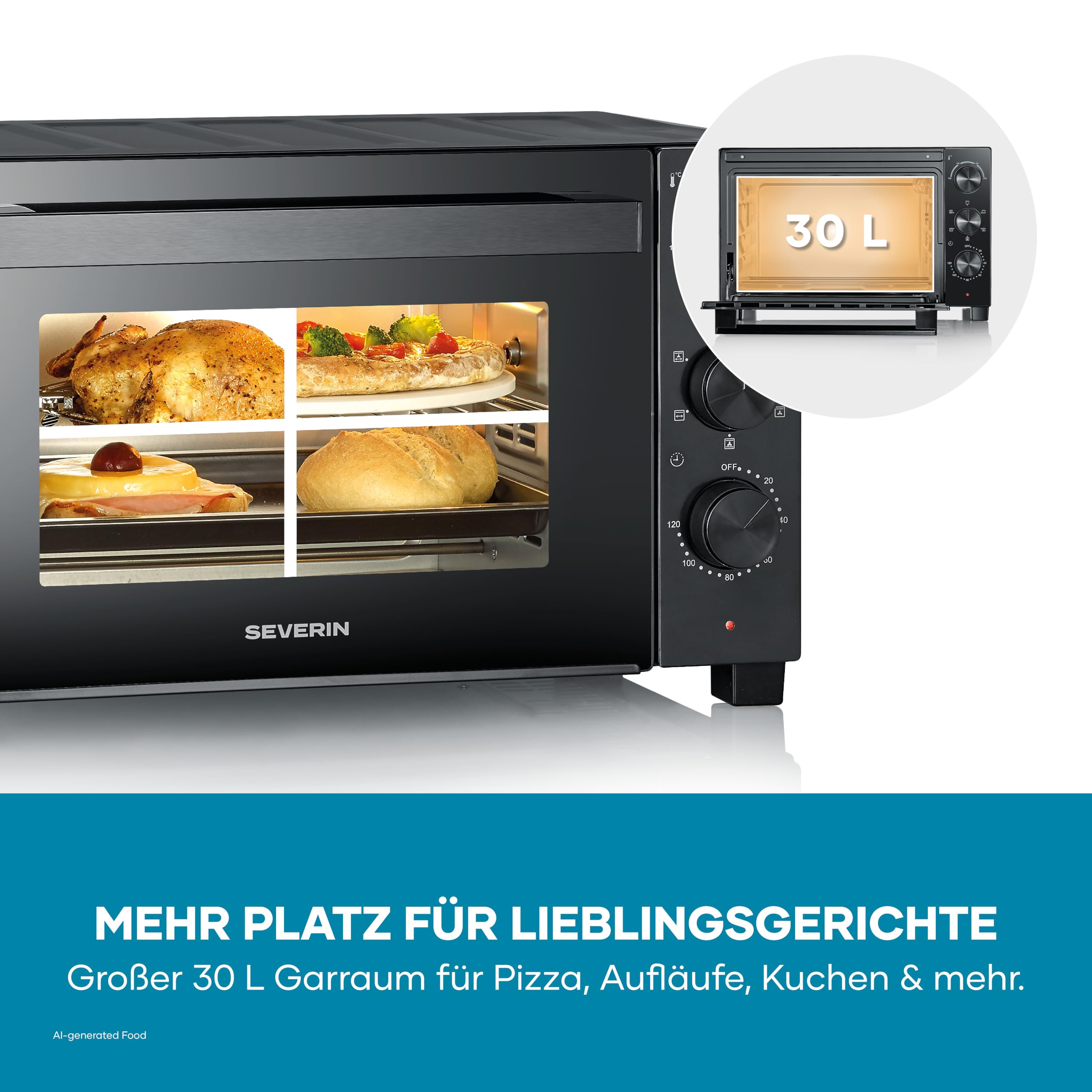 Severin Back- und Toastofen mit Umluftfunktion, inkl. Drehspieß für Fleisch, vielseitiger Heißluftofen mit 30 L Kapazität, Aufbackofen, 100-230 °C, Timer 120 Min., 1600 W, schwarz, TO 9020